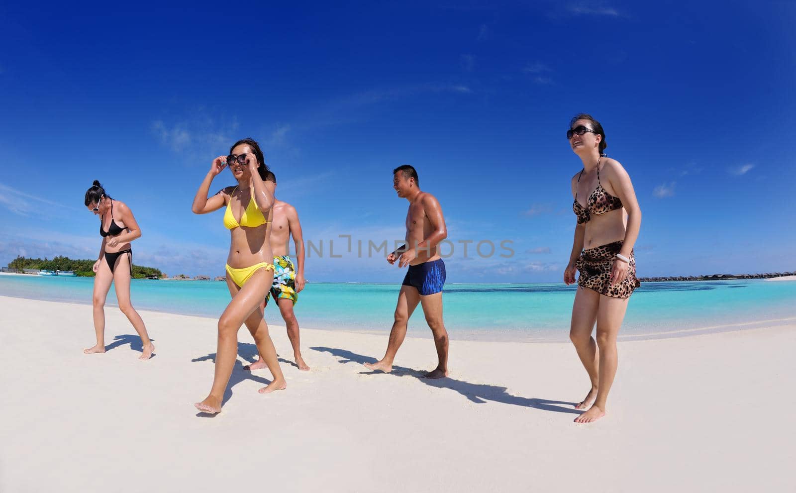 group of happy young people have fun and joy at the  white sand  beach on beautiful summer  day