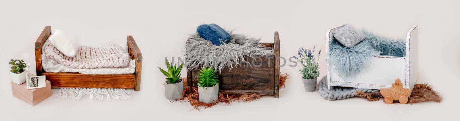 Newborn baby handmade beds and studio decoration for infant photoshoot collage mix
