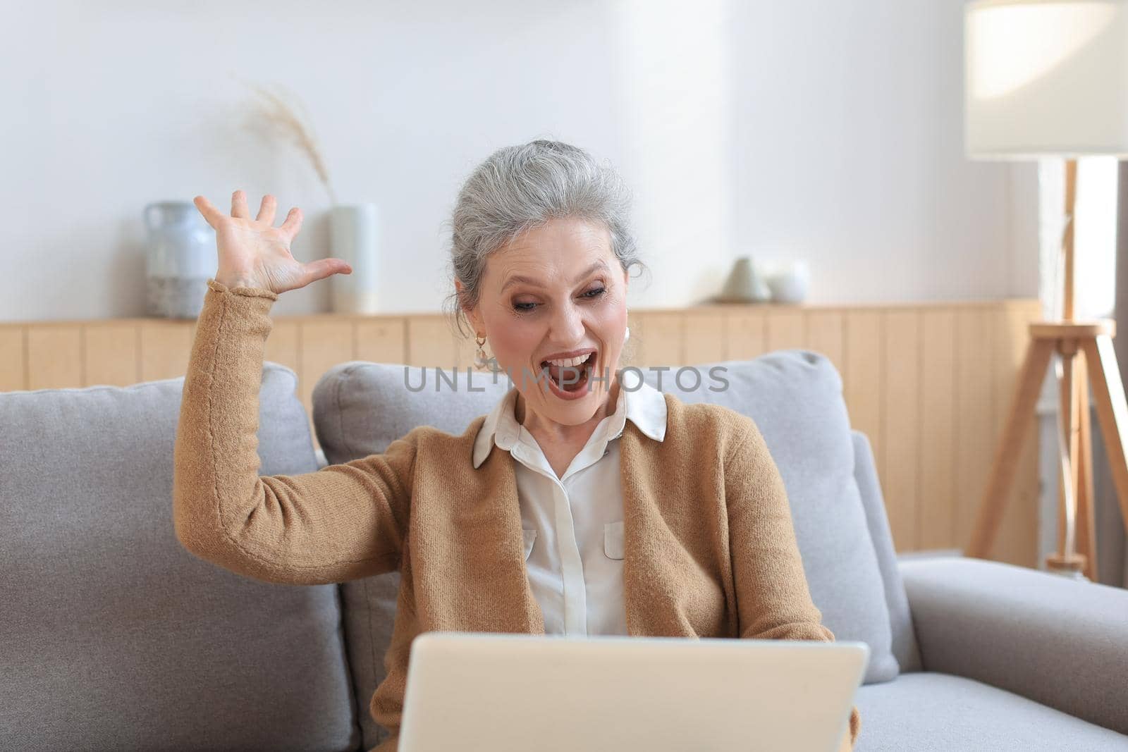 Happy mature woman celebrating online win using laptop sitting on couch at home