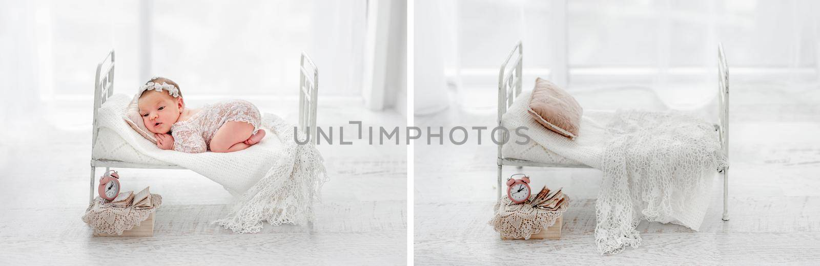 Newborn studio decoration for newborn photoshoot with baby infant girl and empty collage. Handmade tiny furniture for child mix