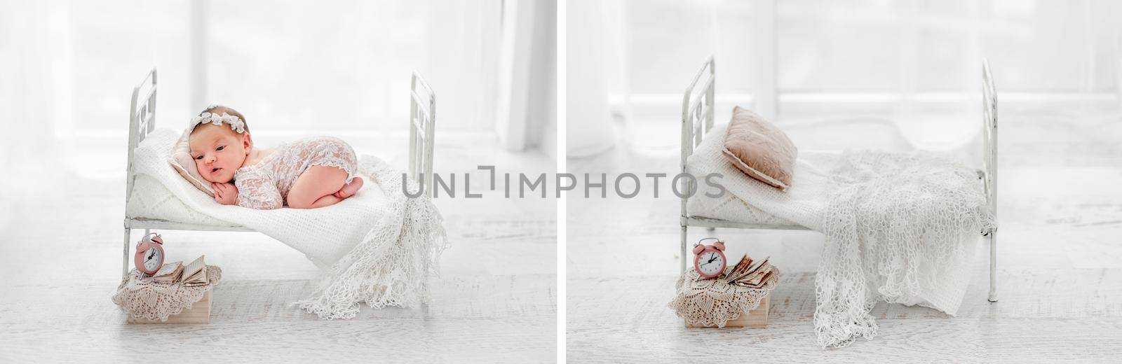 Newborn studio decoration for newborn photoshoot with baby infant girl and empty collage. Handmade tiny furniture for child mix