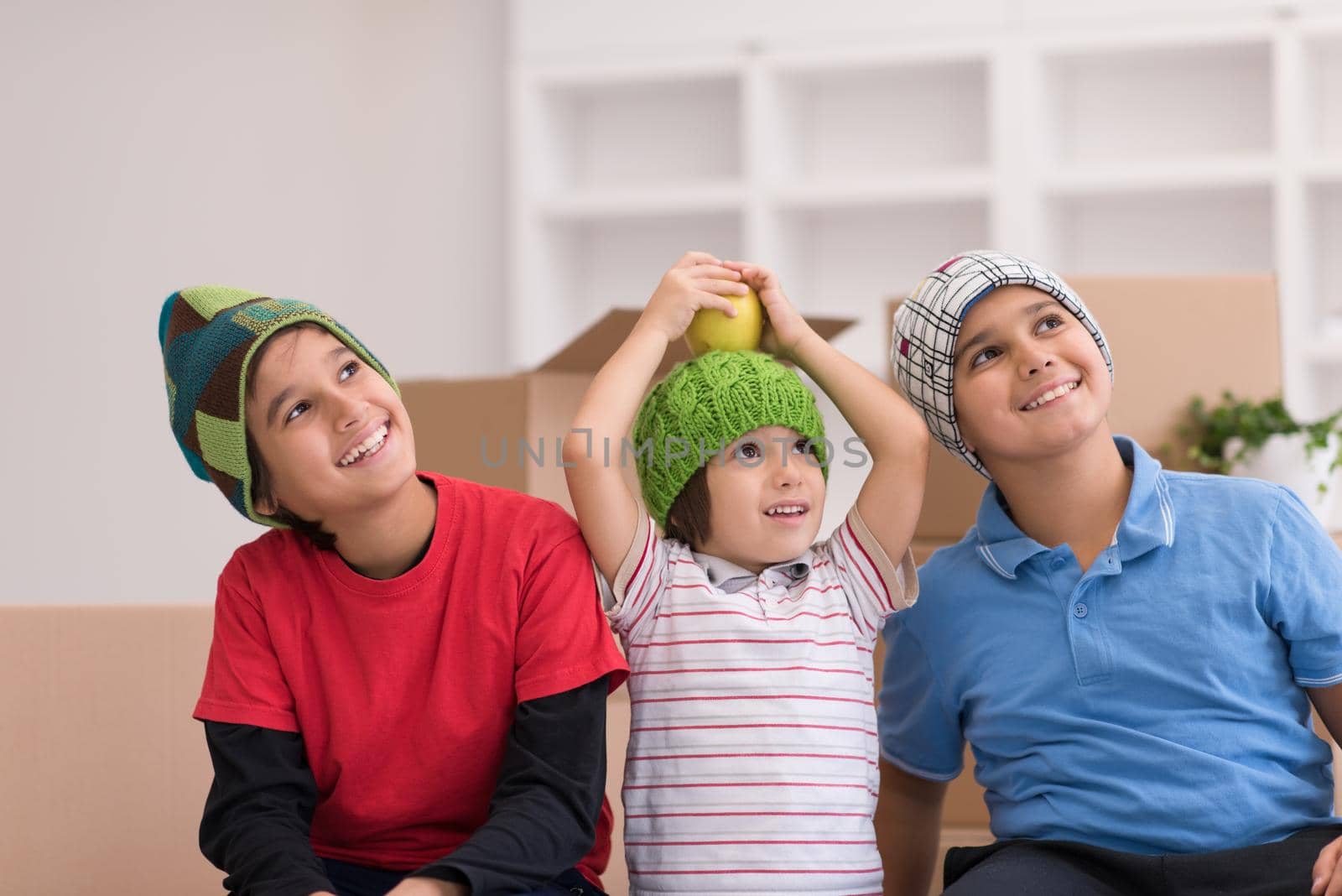 portrait of happy young boys with cardboard boxes around them in a new modern home