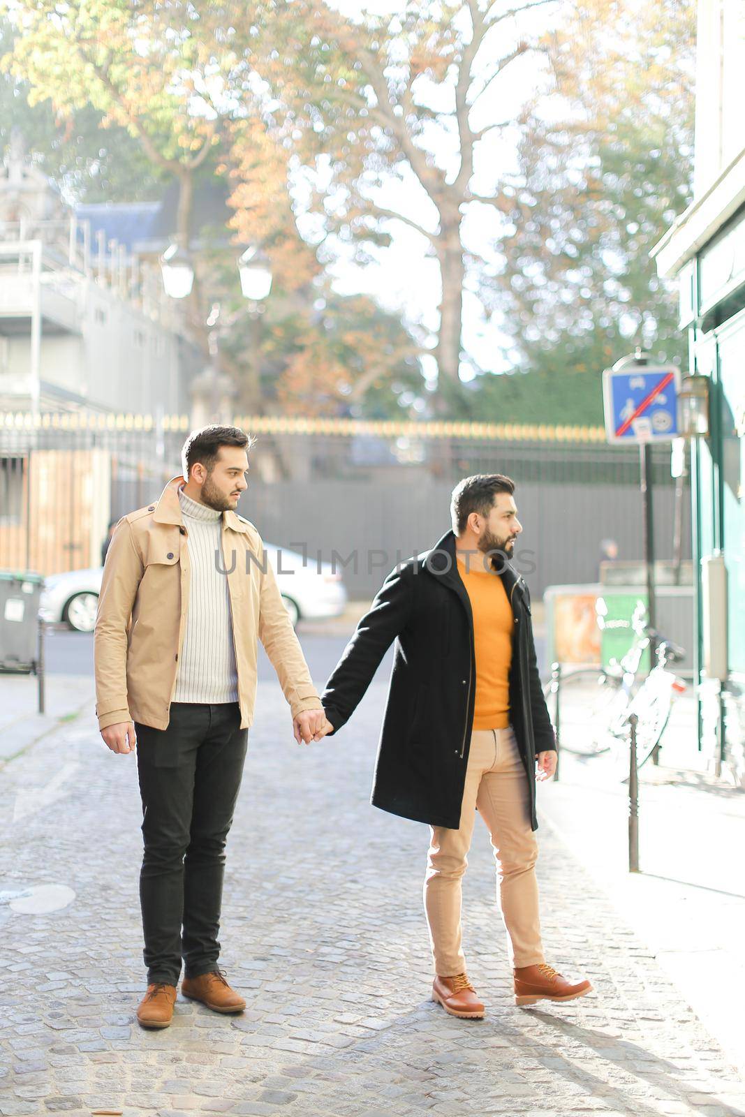 Gays standing and holding hands in city. Concept of same sex couple and lgbt.