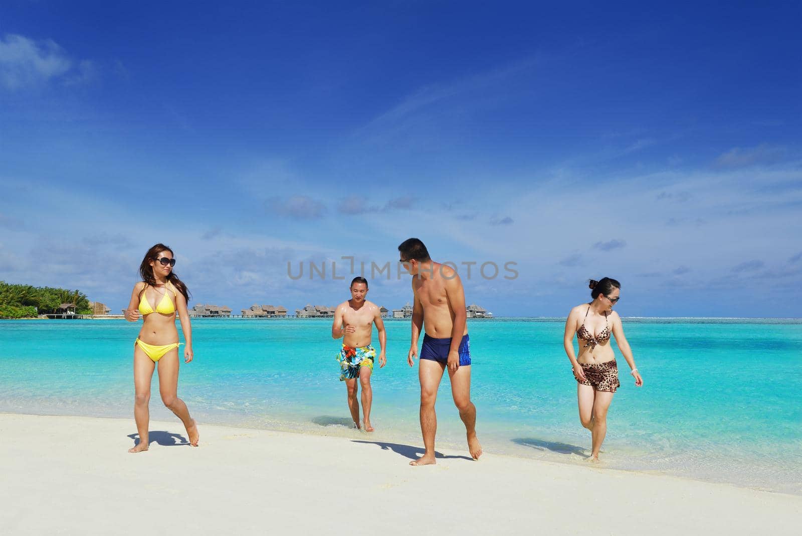 group of happy young people have fun and joy at the  white sand  beach on beautiful summer  day