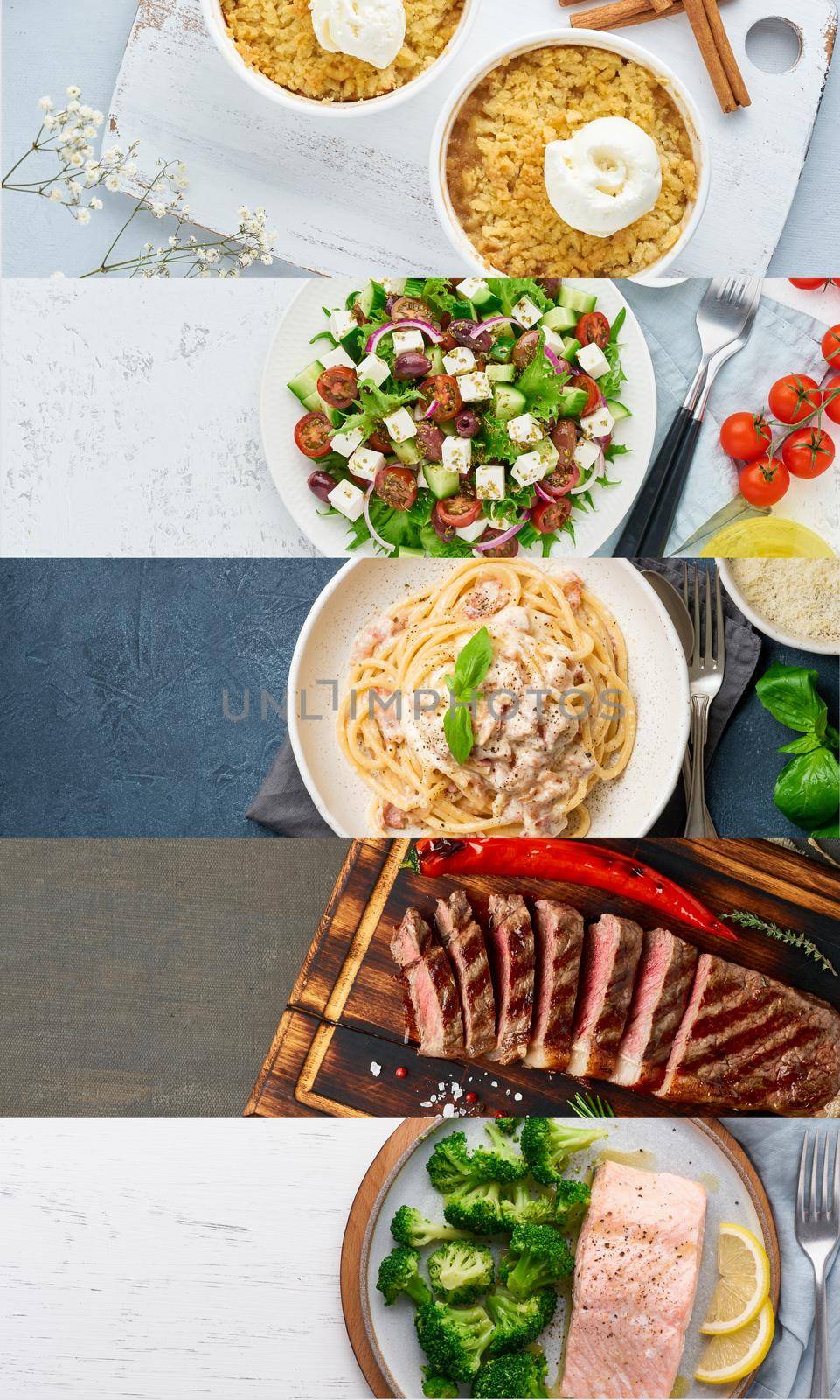 Collage of food. Five-course menu. Fish, meat, pasta, salad, dessert. Vertical. Concept for restaurant menus and ready-made food delivery.