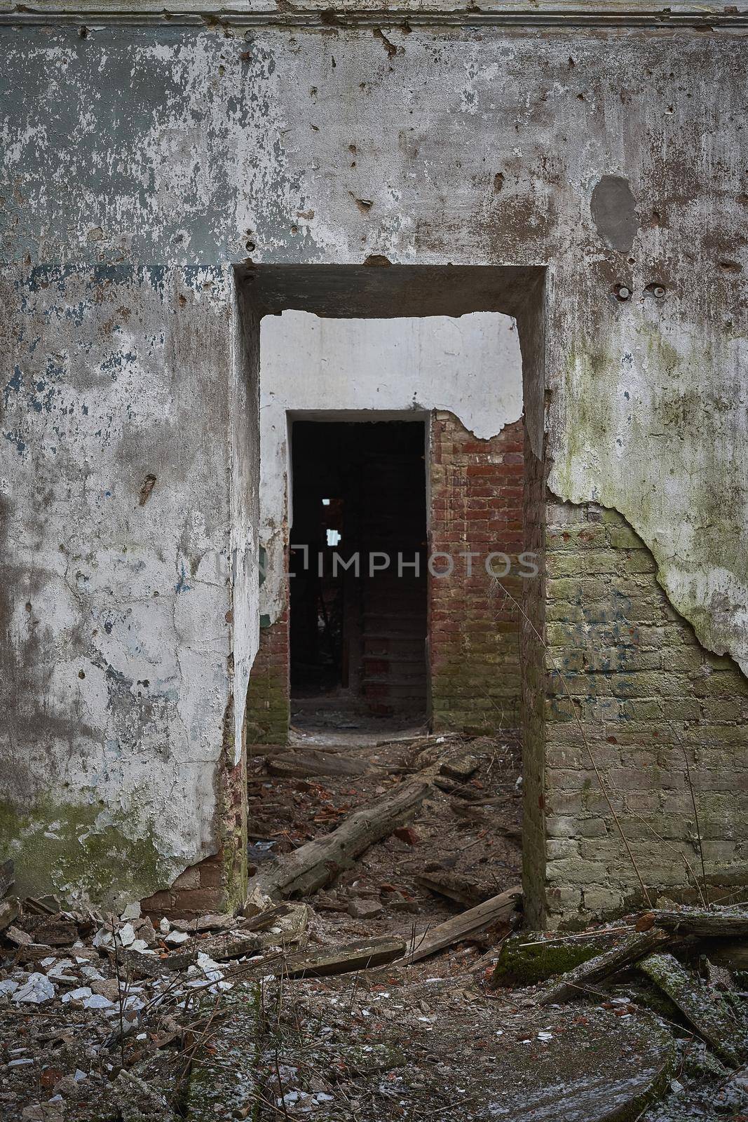 Apocalyptic picture. Urban decay interior, abandoned building, old textured aged wall, ruined background, grunge, rusty. Concept of destruction, ruin