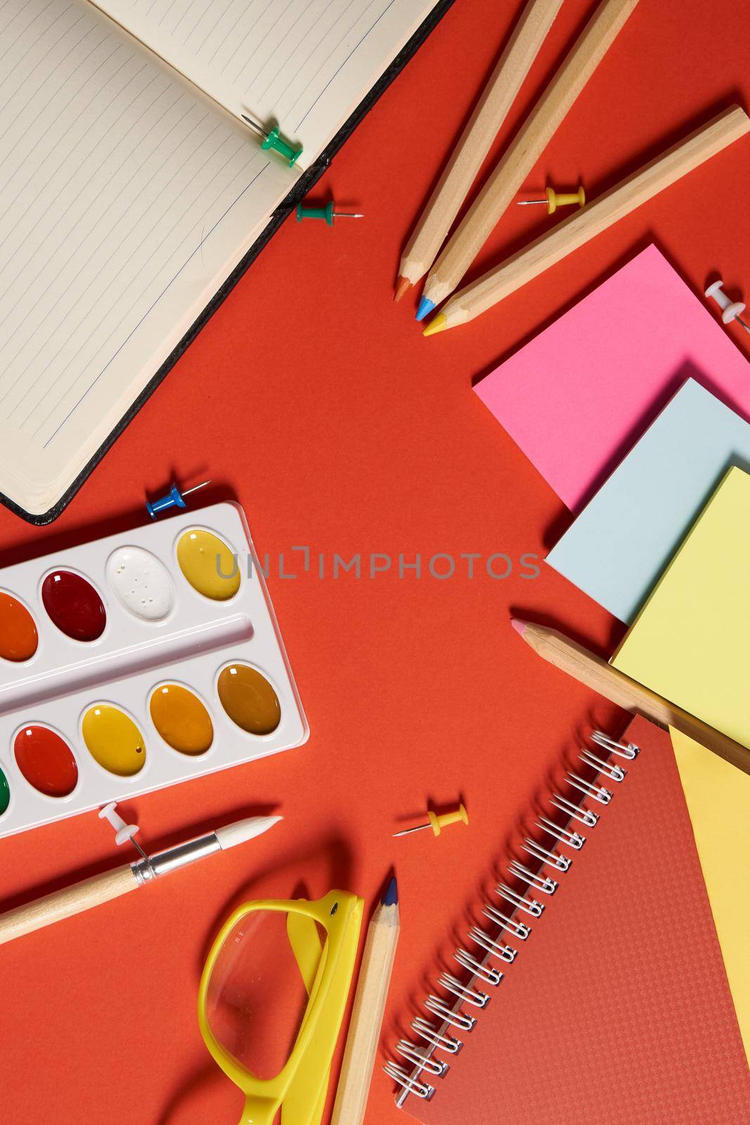 paint pencils drawing supplies design learning red background by Vichizh