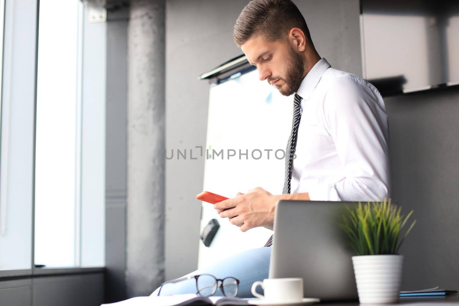 Portrait of happy businessman sitting on office desk by tsyhun