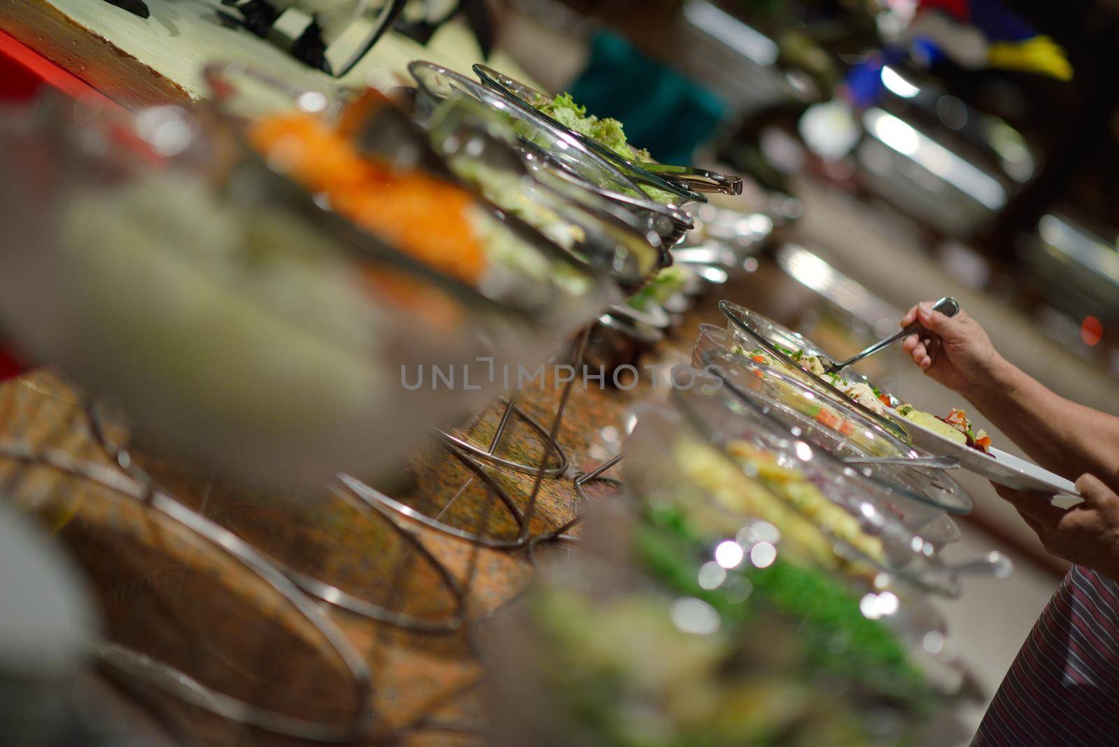 catering buffet food indoor in luxury restaurant with meat colorful fruits  and vegetables