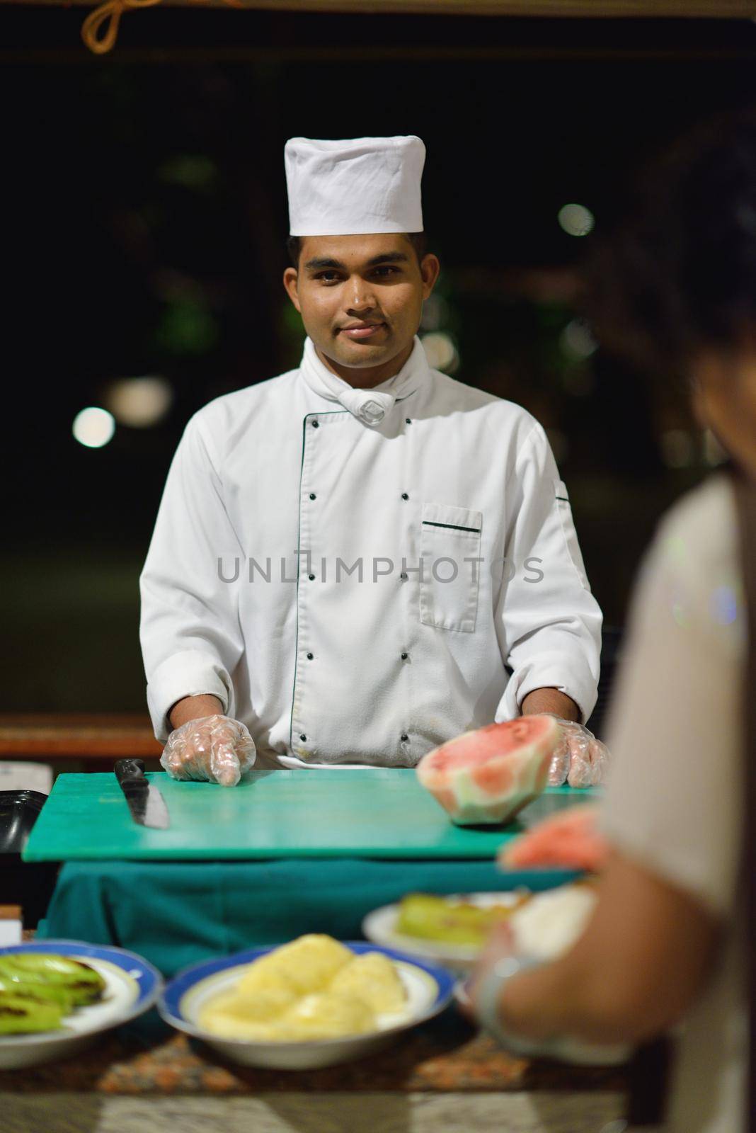 catering buffet food indoor in luxury restaurant with meat colorful fruits  and vegetables