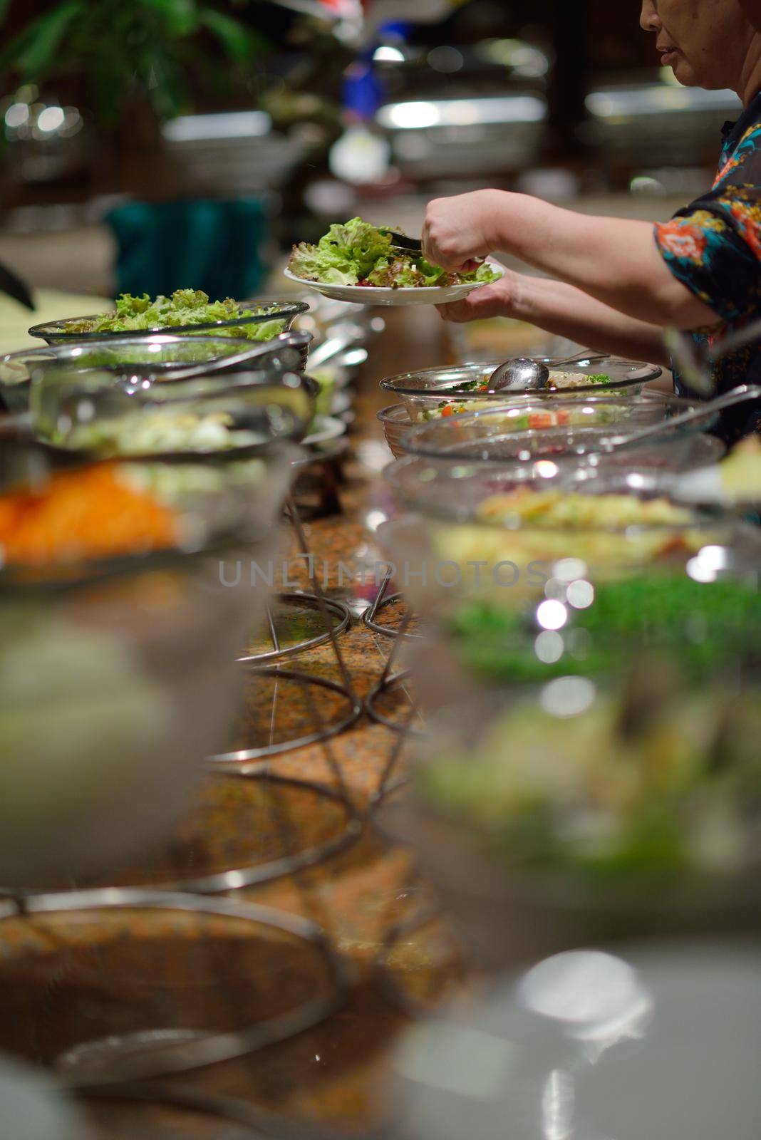 catering buffet food indoor in luxury restaurant with meat colorful fruits  and vegetables