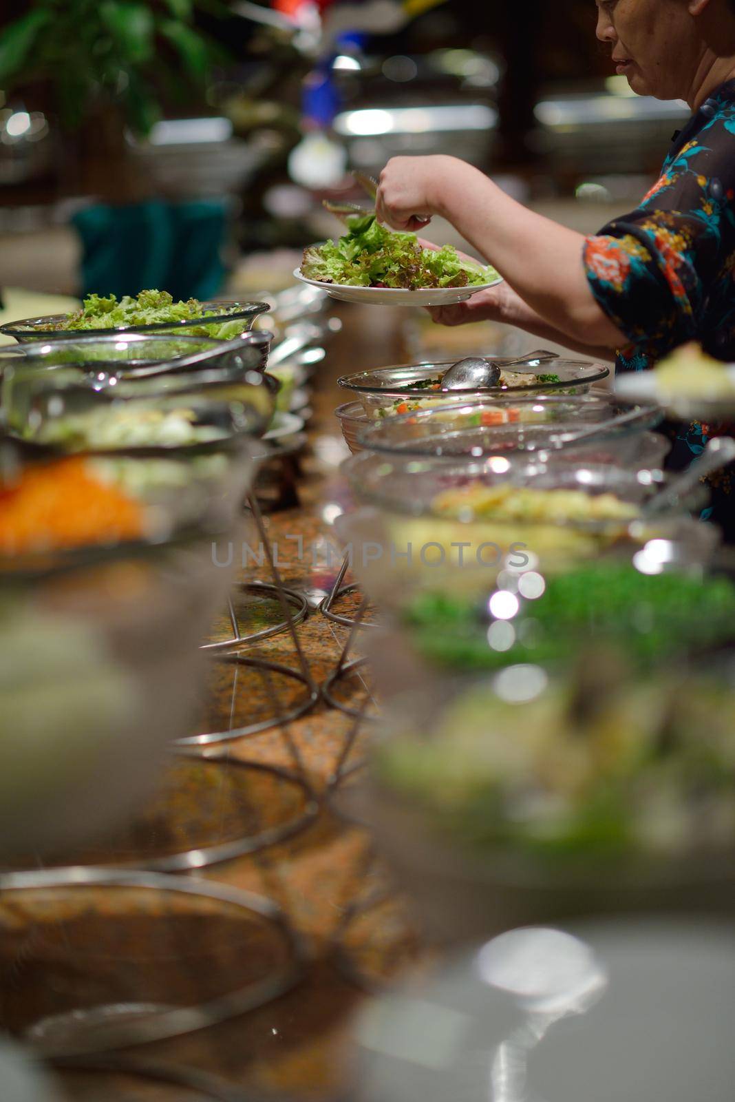 catering buffet food indoor in luxury restaurant with meat colorful fruits  and vegetables