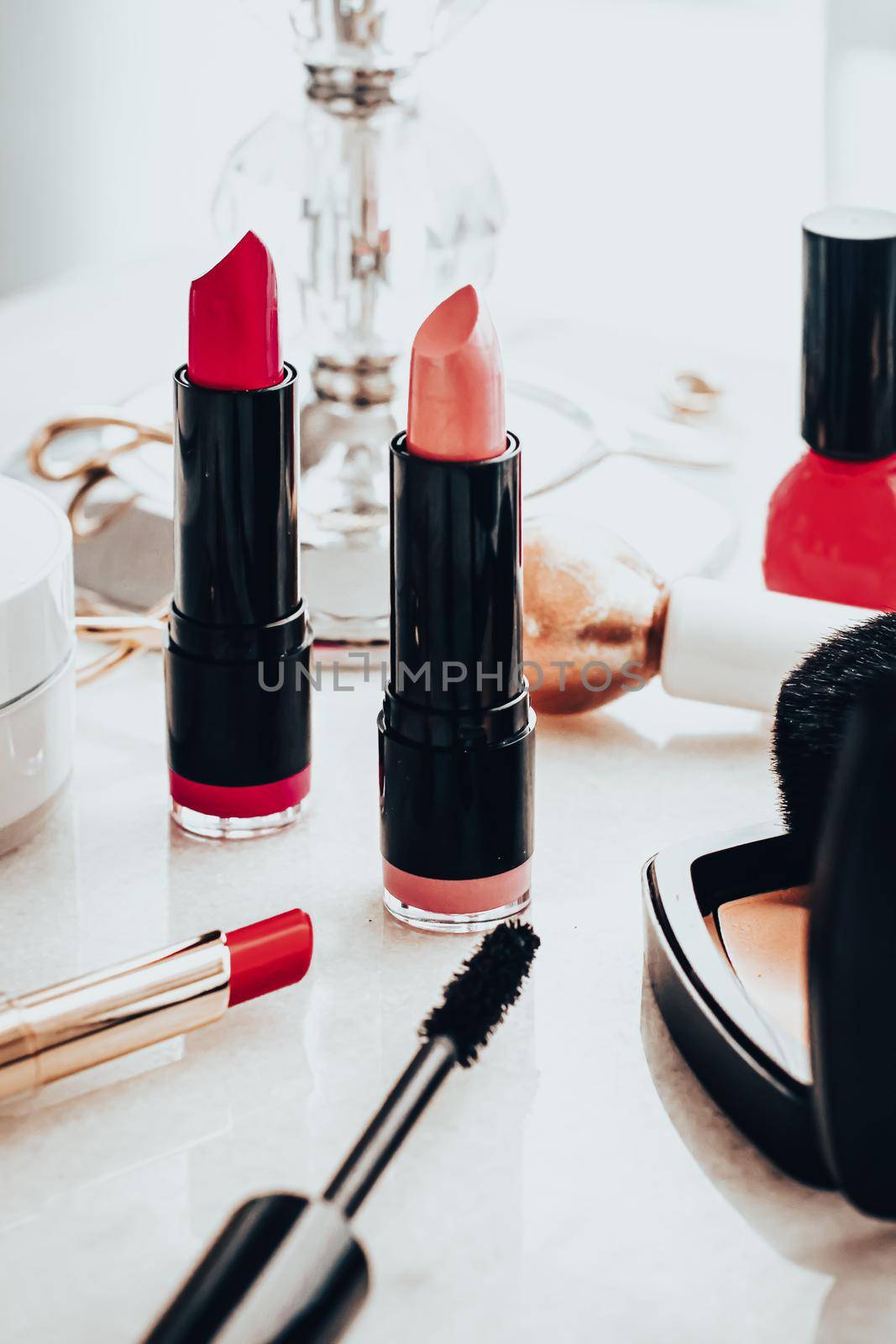 Beauty products and decorative cosmetics concept. Modern luxury make-up on vanity table as beauty blog background by Anneleven