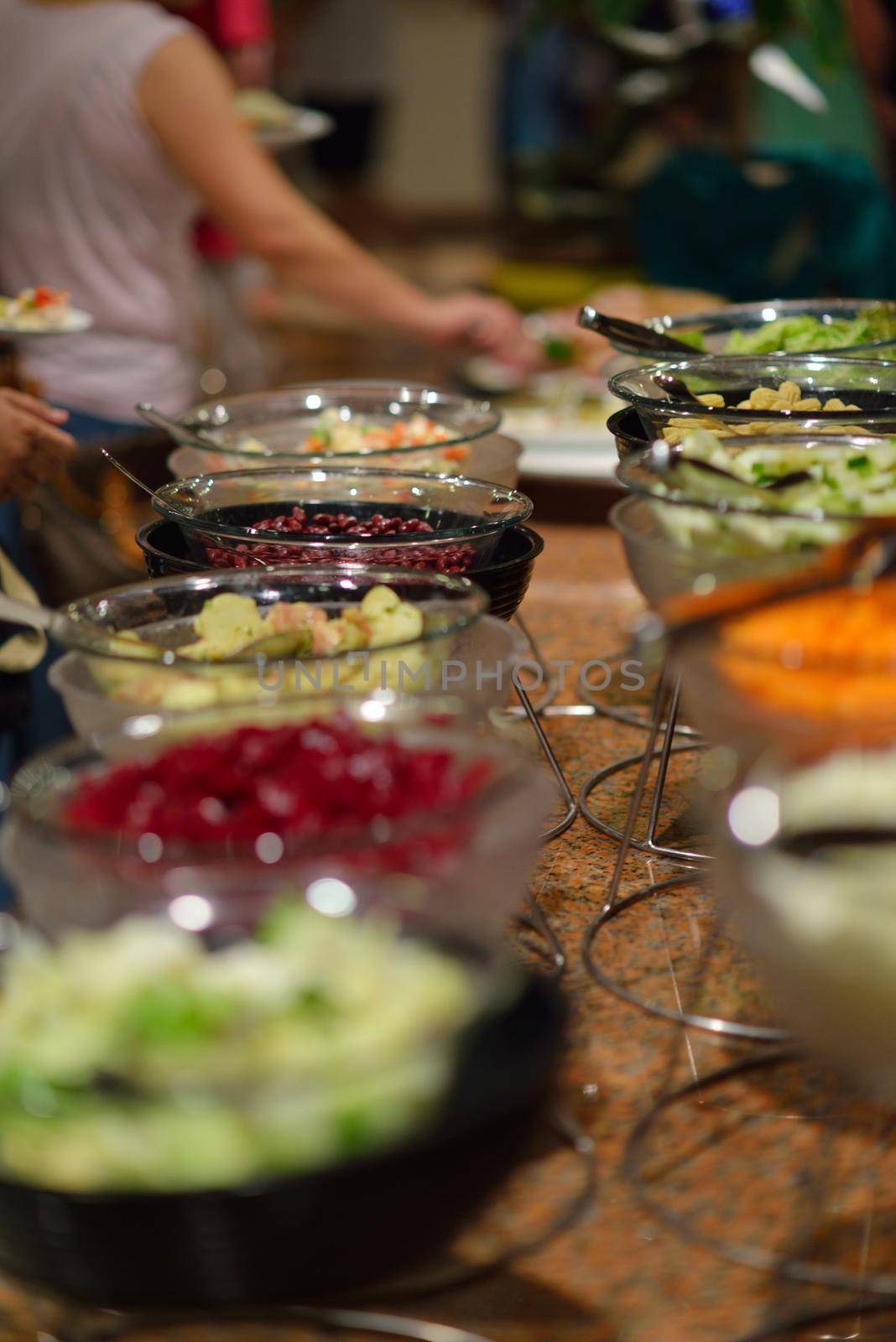 catering buffet food indoor in luxury restaurant with meat colorful fruits  and vegetables