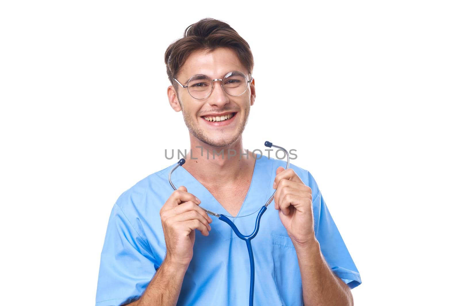 nurse wearing glasses stethoscope posing studio lifestyle. High quality photo