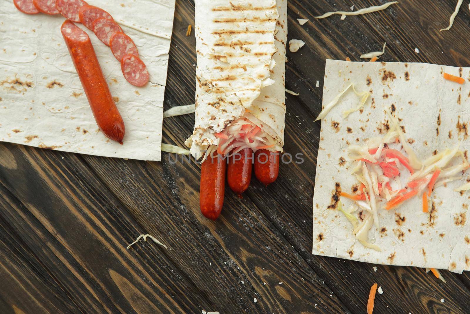 ingredients for cooking kebabs with sausages.photo with copy space.