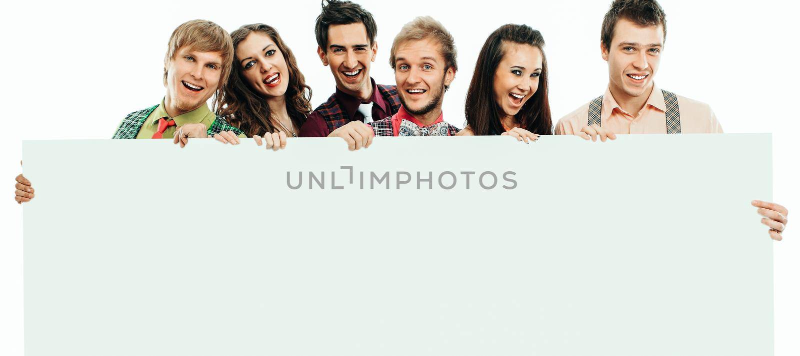 Group of happy people with banner. Isolated on white background by SmartPhotoLab