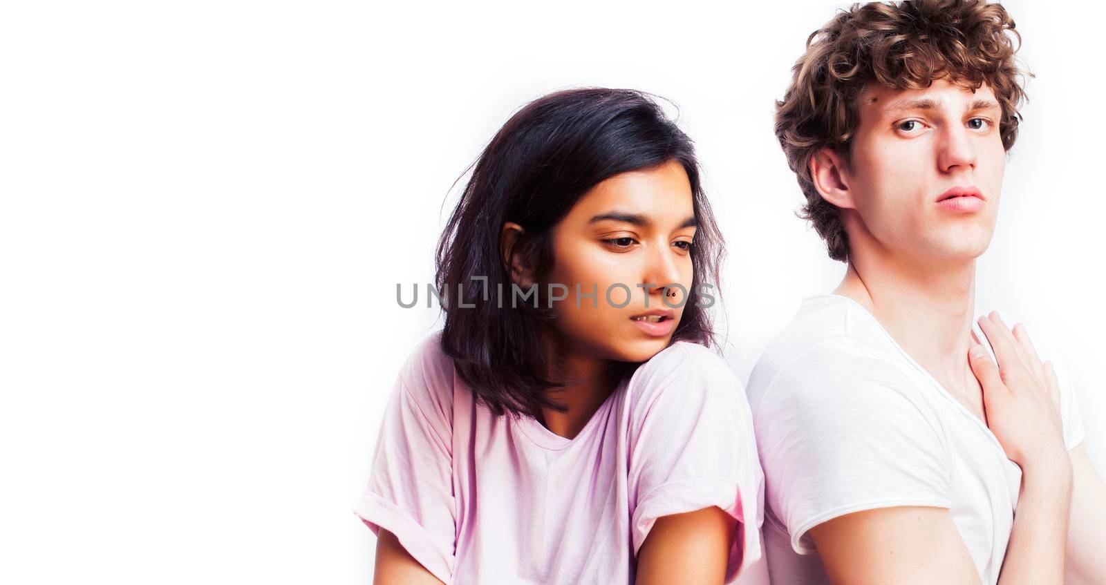 best friends teenage girl and boy together having fun, posing emotional on white background, couple happy smiling, lifestyle people concept, blond and brunette multi nations by JordanJ