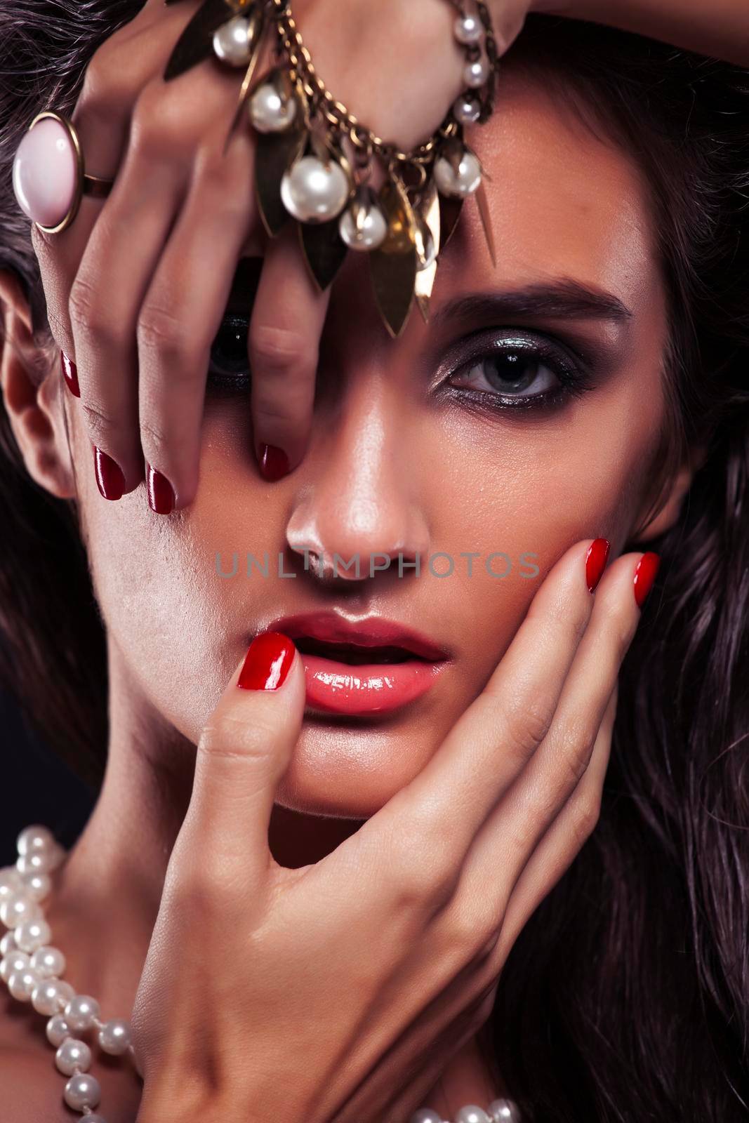 beauty young sencual woman with jewellery closeup, luxury portrait of rich real girl, party makeup