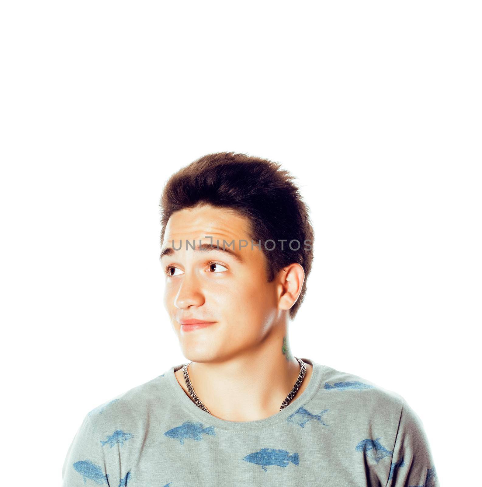 young attractive man isolated thinking emotional on white close up gesturing smiling, lifestyle people concept by JordanJ