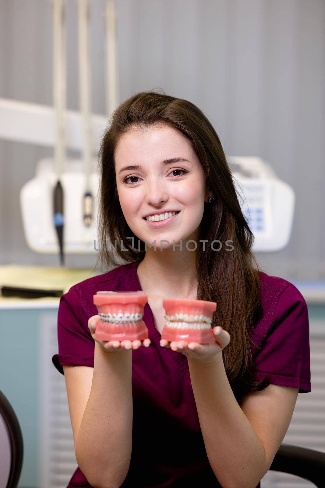beautiful woman doctor with dental equipment in dentistry. High quality photo