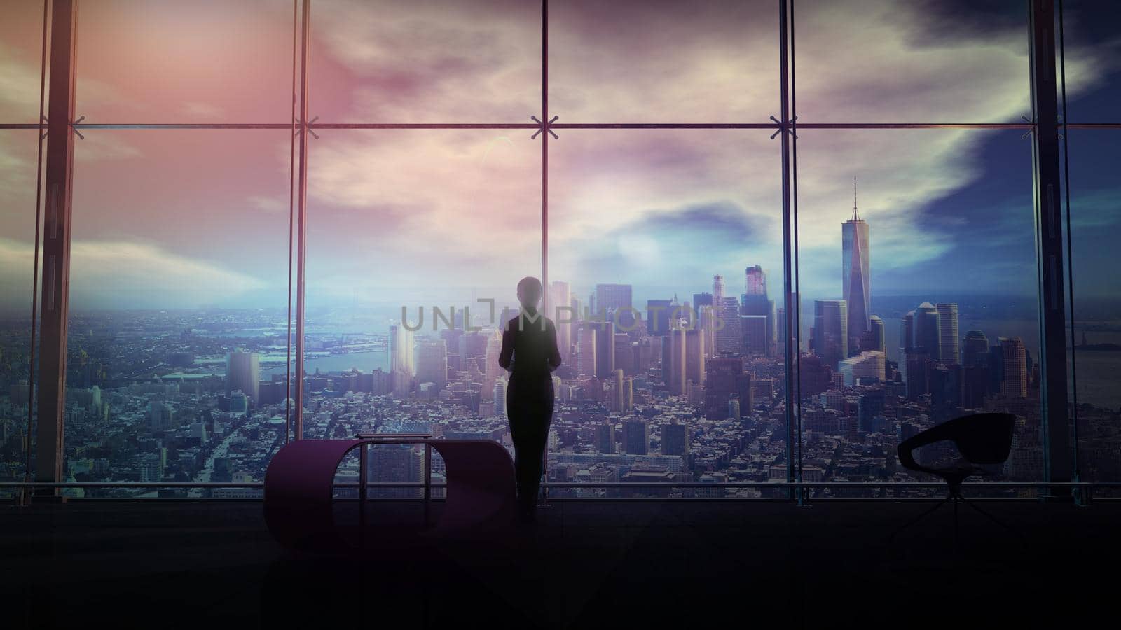 A silhouette of a businesswoman is looking out of the window of her large office with a view of the city skyscrapers. 3D render.