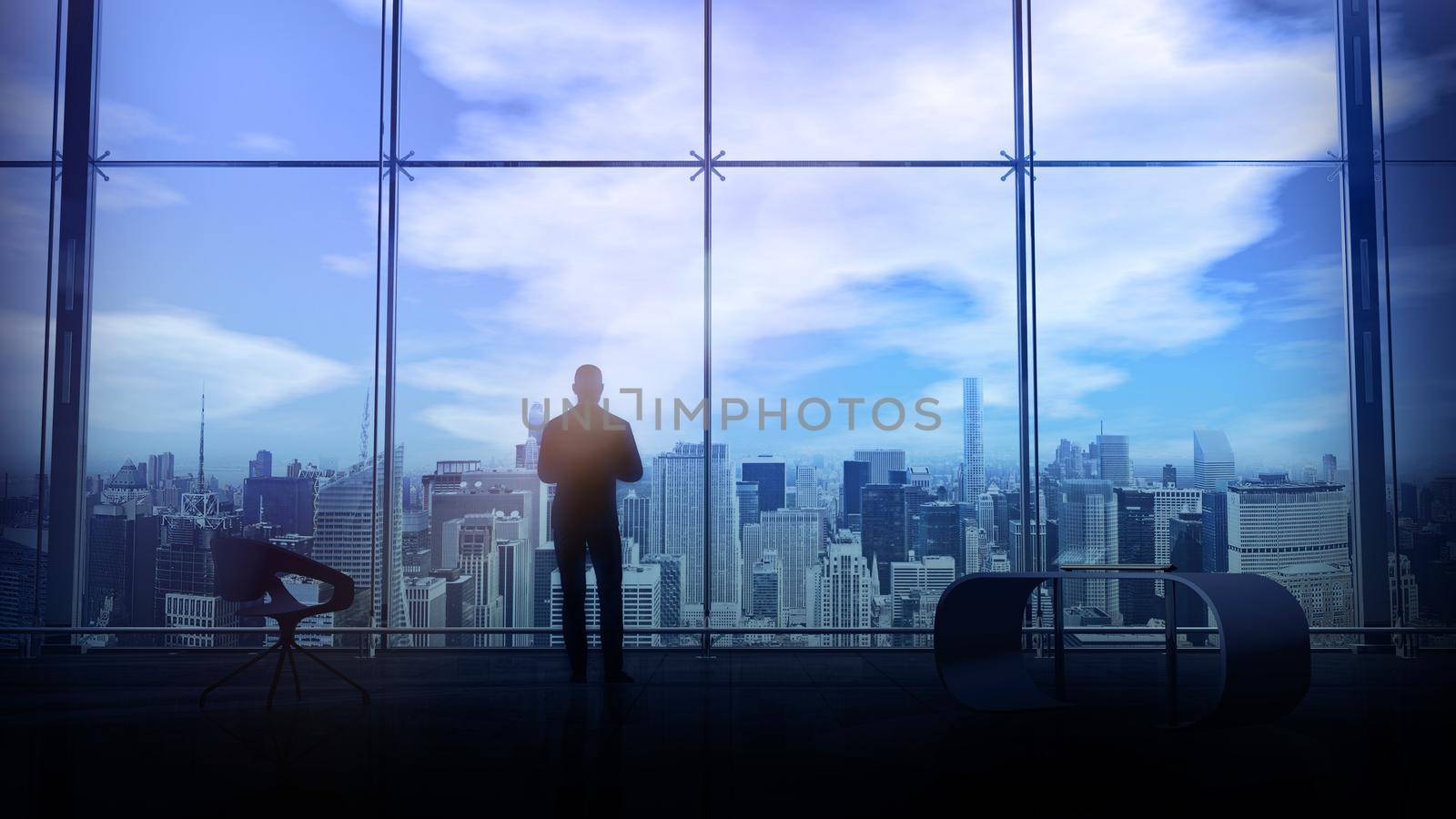 At the office window, a man looks at city buildings from above, 3D render. by ConceptCafe