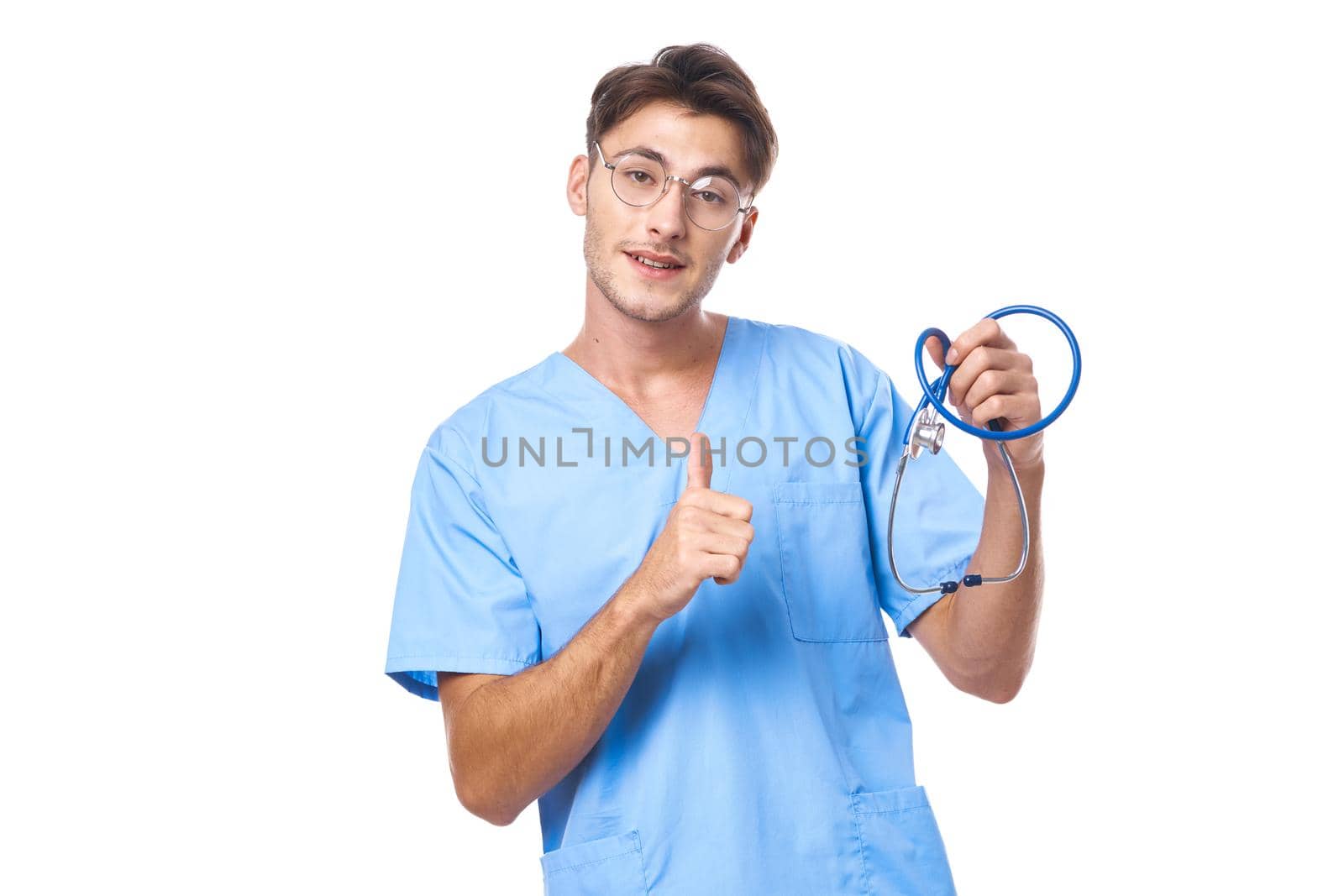nurse wearing glasses stethoscope posing studio lifestyle. High quality photo