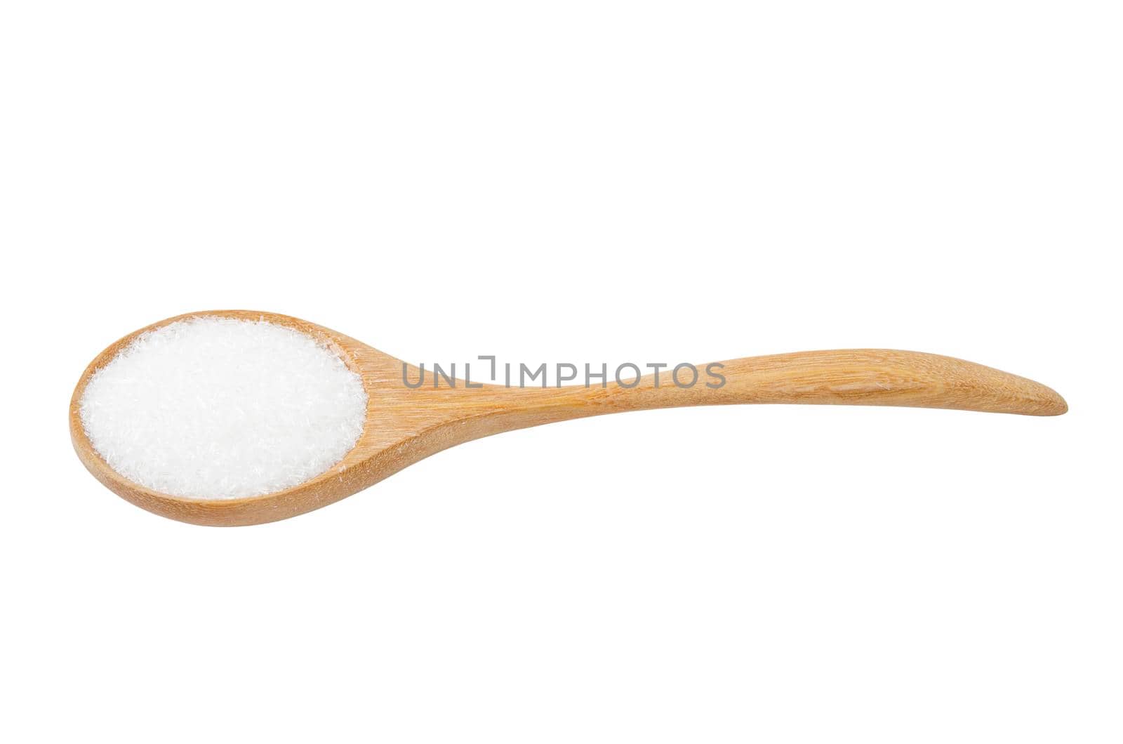 Monosodium glutamate in wooden spoon isolated on white background, Save clipping path.