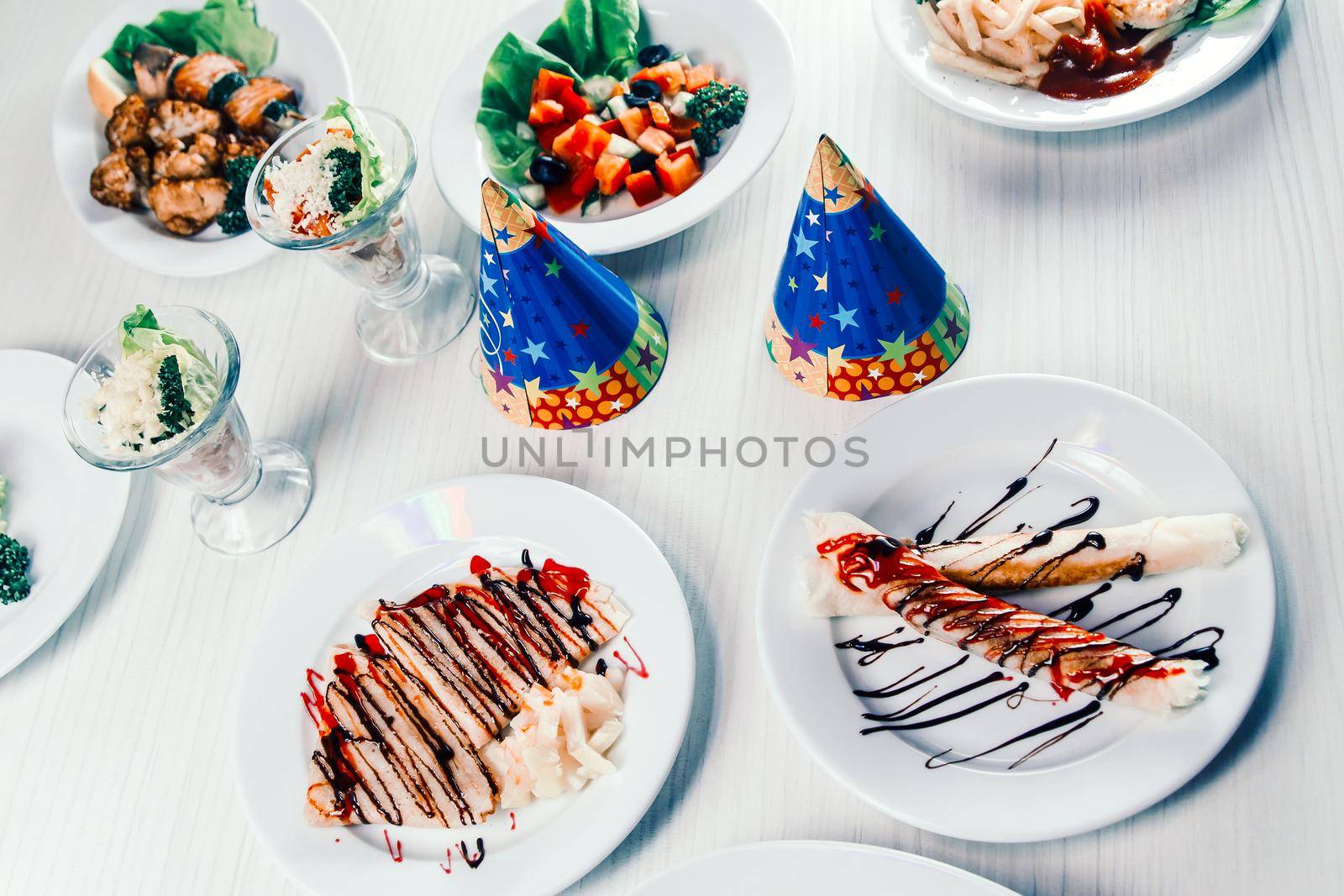cheerful potato snacks and other festive dishes for children's feast