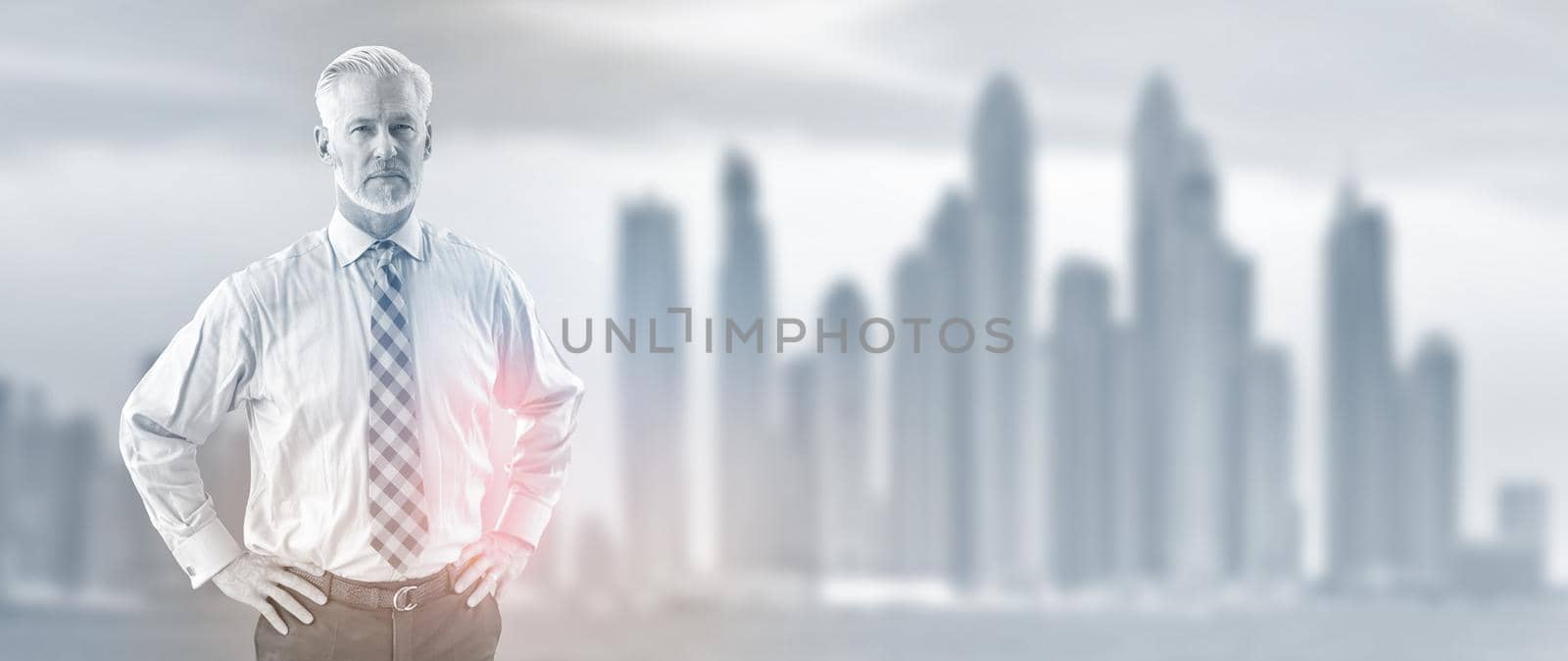 Portrait of senior businessman in front of the big city