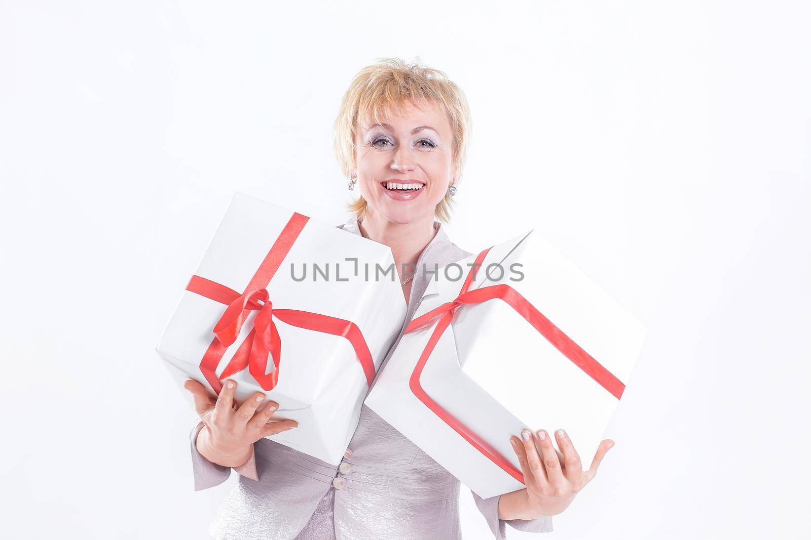 closeup.beautiful woman with two gift boxes.