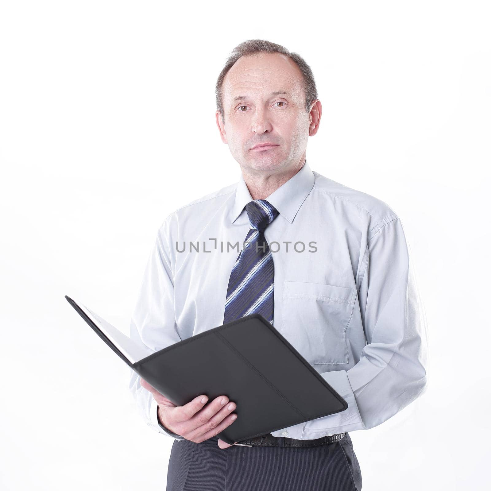 serious businessman with a clipboard. isolated on white by SmartPhotoLab