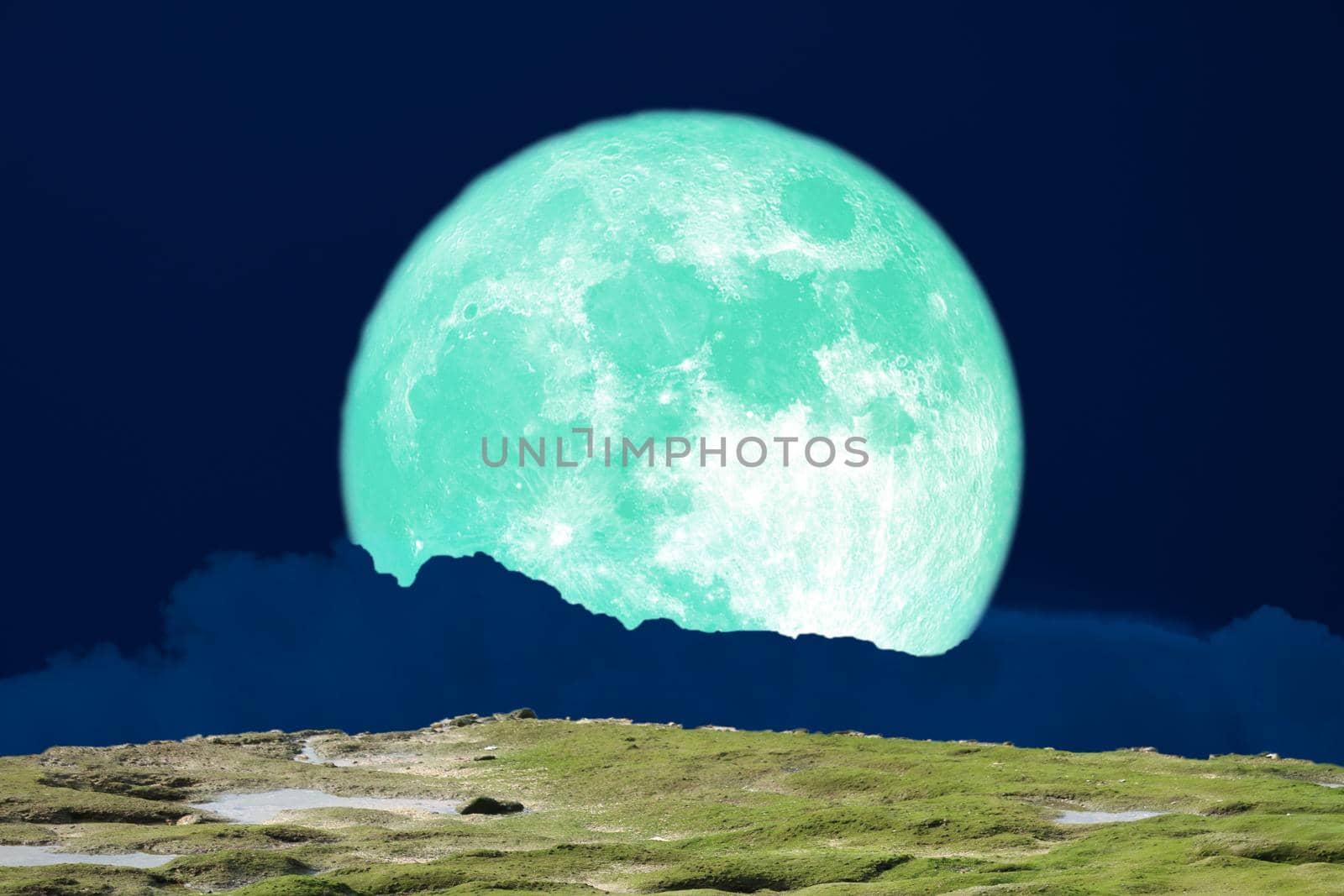 super green harvest moon rise back blue cloud and green moss on mountain on the night sky, Elements of this image furnished by NASA