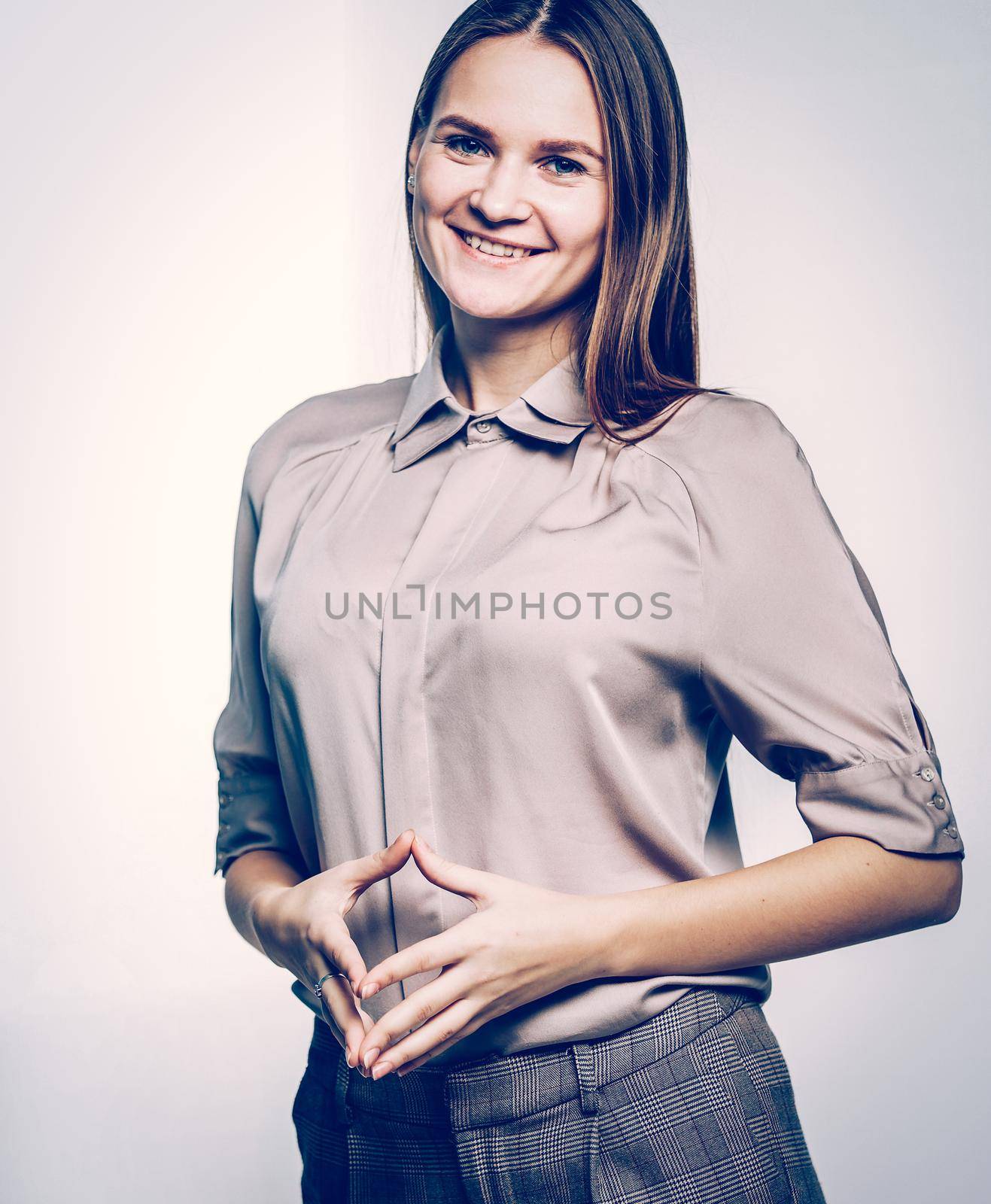 woman administrator on a white background.the photo has a empty space for your text.
