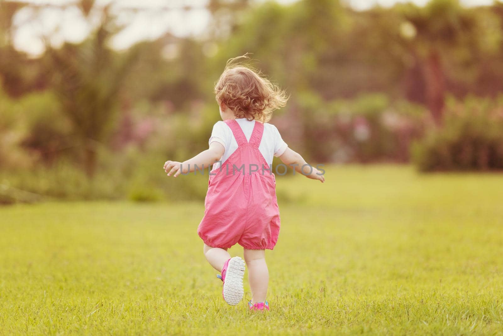 playful cute little girl cheerfully spending time while running in the spacious backyard on the grass