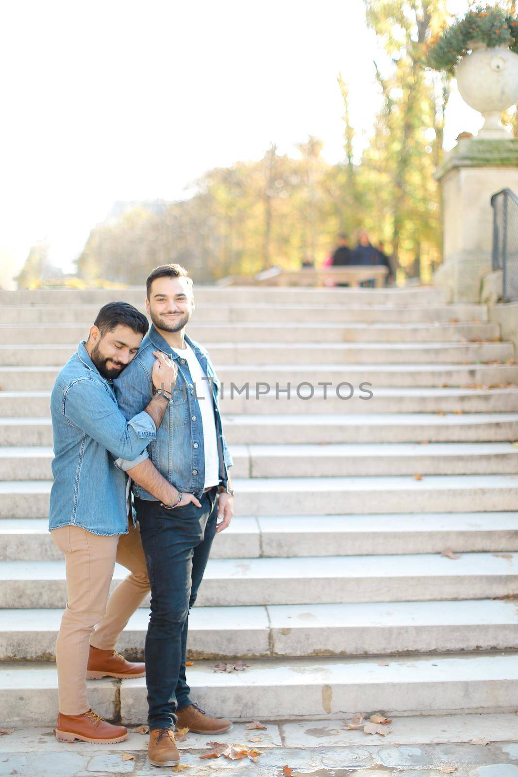 Caucasian happy gays walking in park and hugging on concrete stairs. by sisterspro