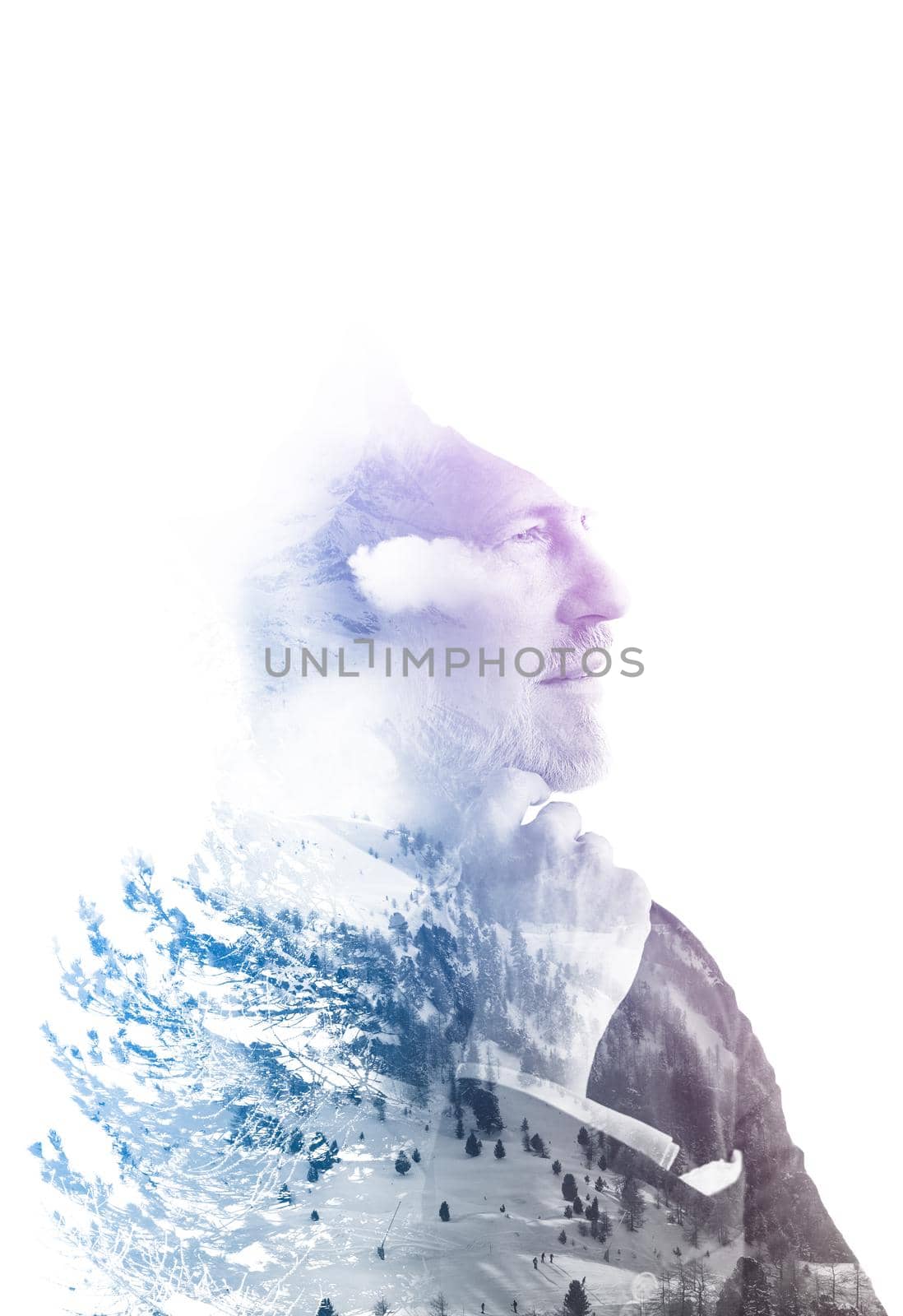 Double exposure of senior businessman in front of the big  mountain