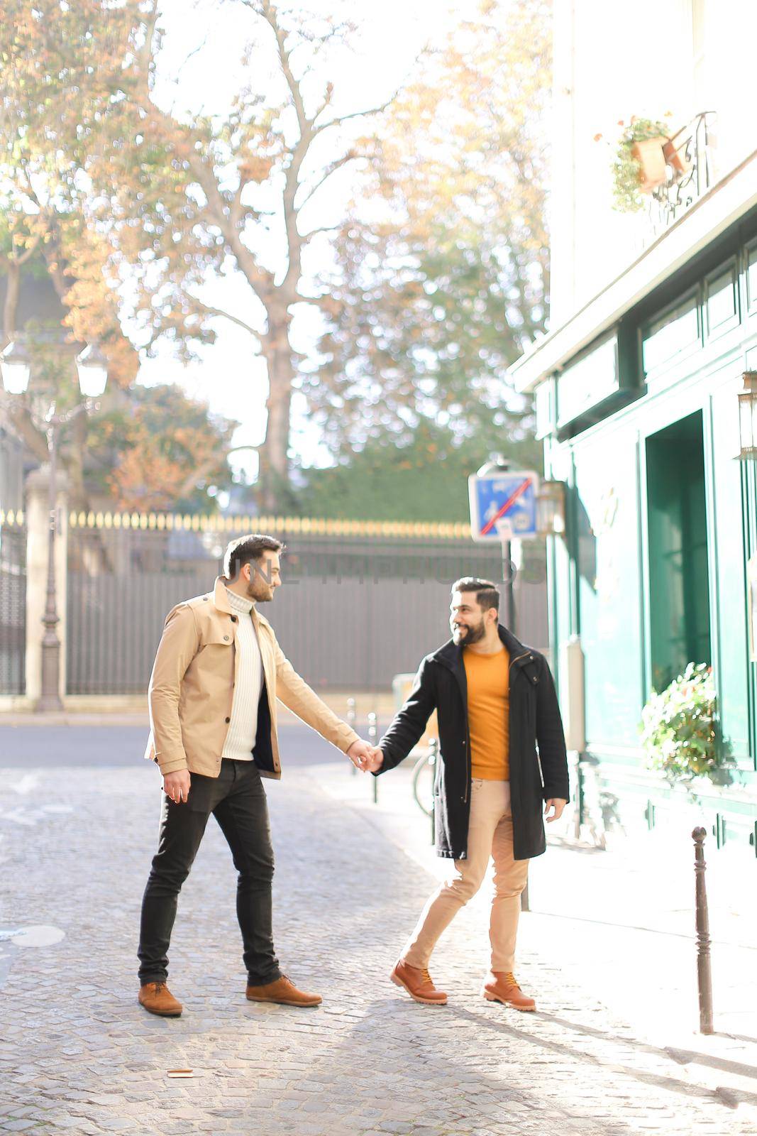 Gays strolling and holding hands in city. Concept of same sex couple and lgbt.