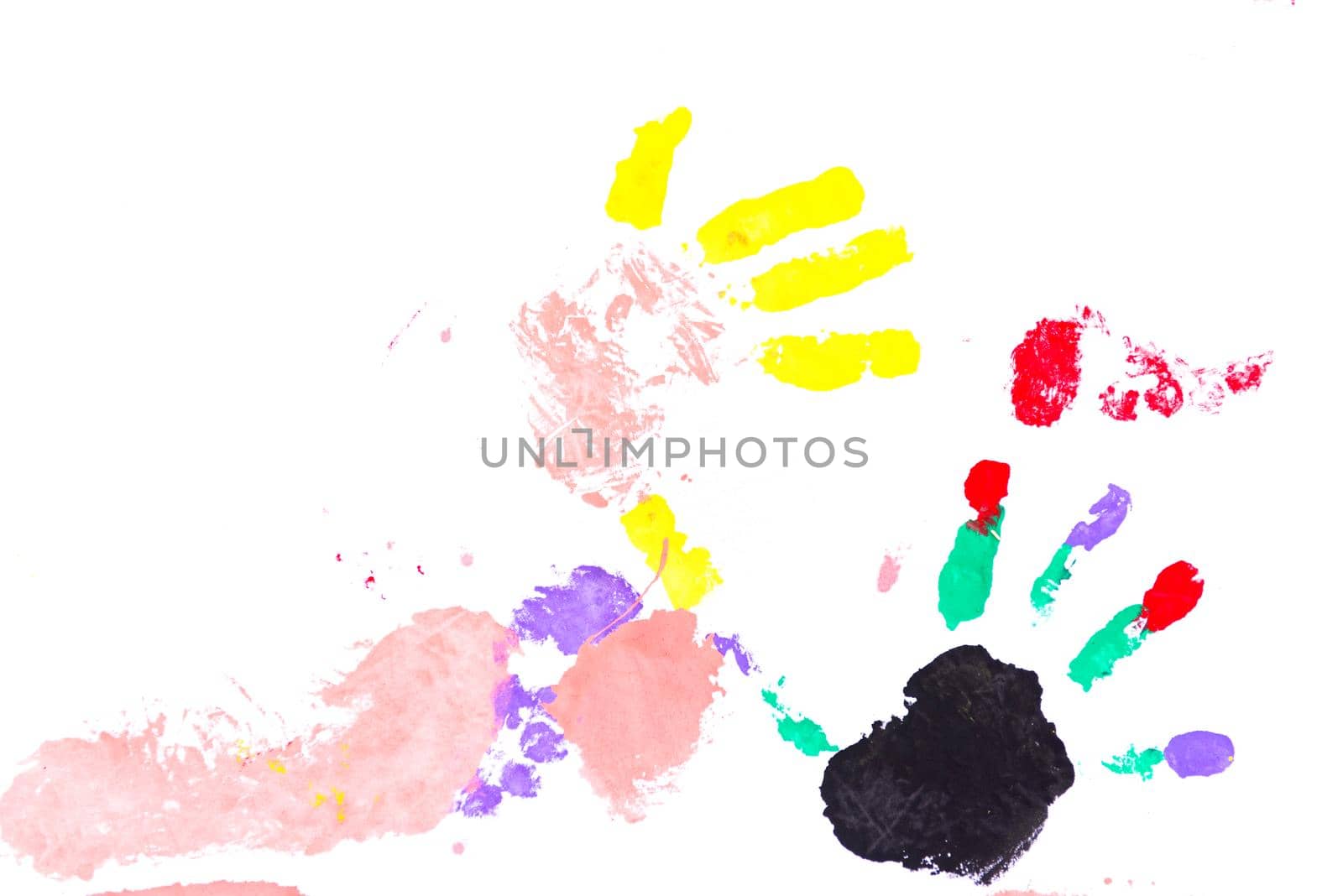 child colorful hands and foots print on white background