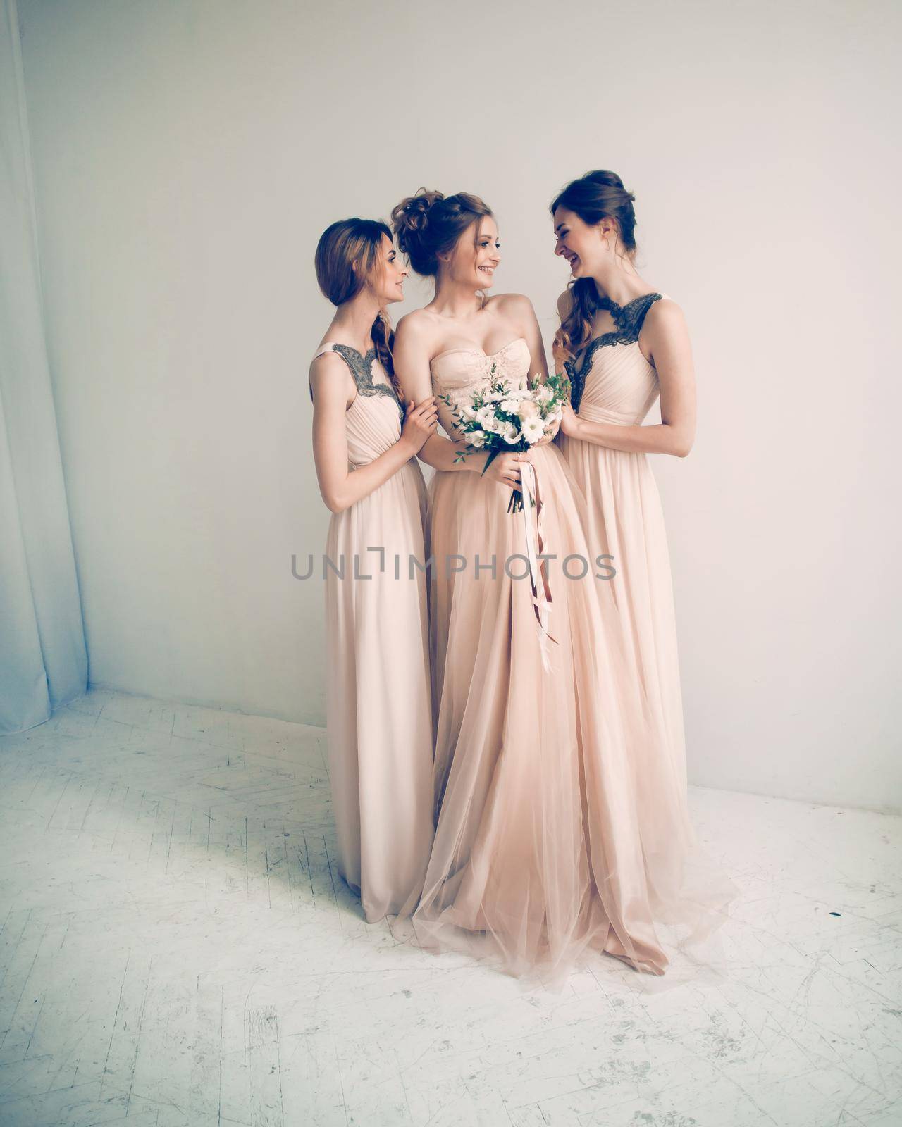in full growth. girl bride with her friends in elegant dresses. photo with copy space