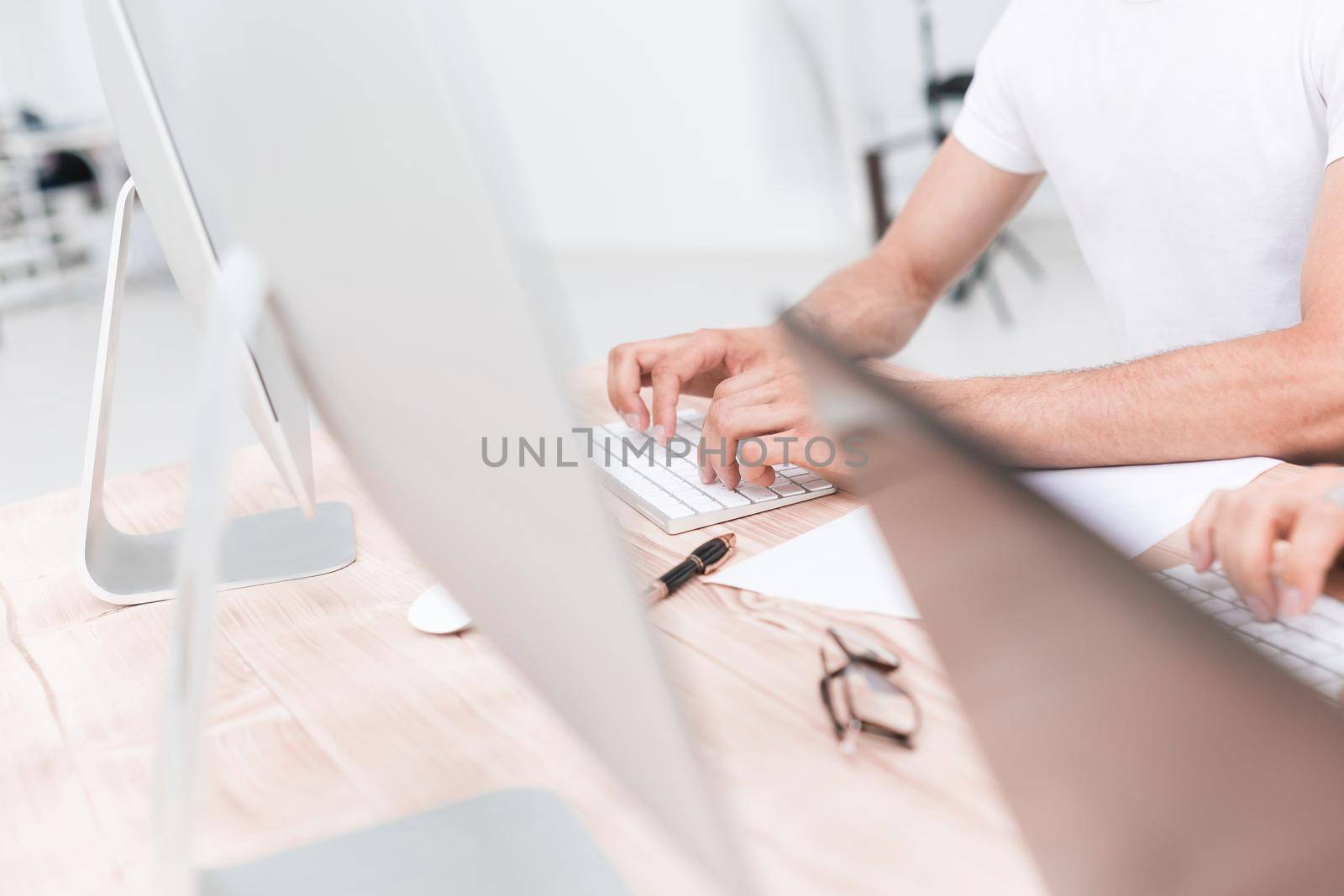 close up. the business team uses a laptop to analyze the incoming information. people and technology