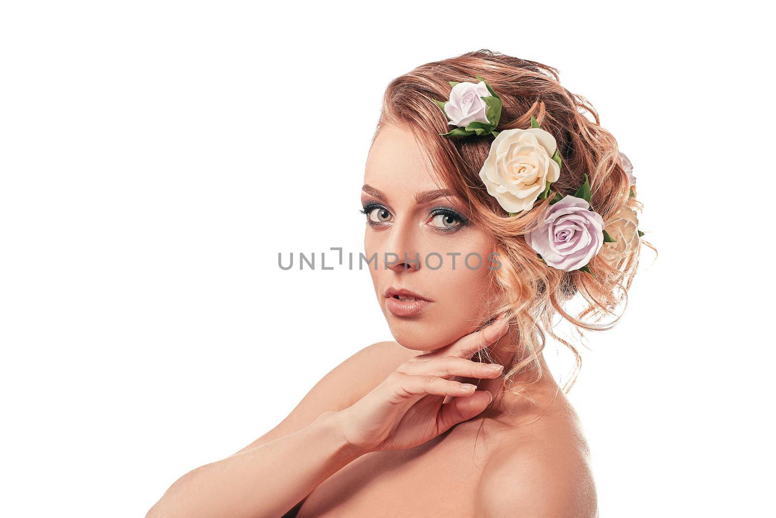 attractive bride with stylish hair and evening makeup . isolated on white background