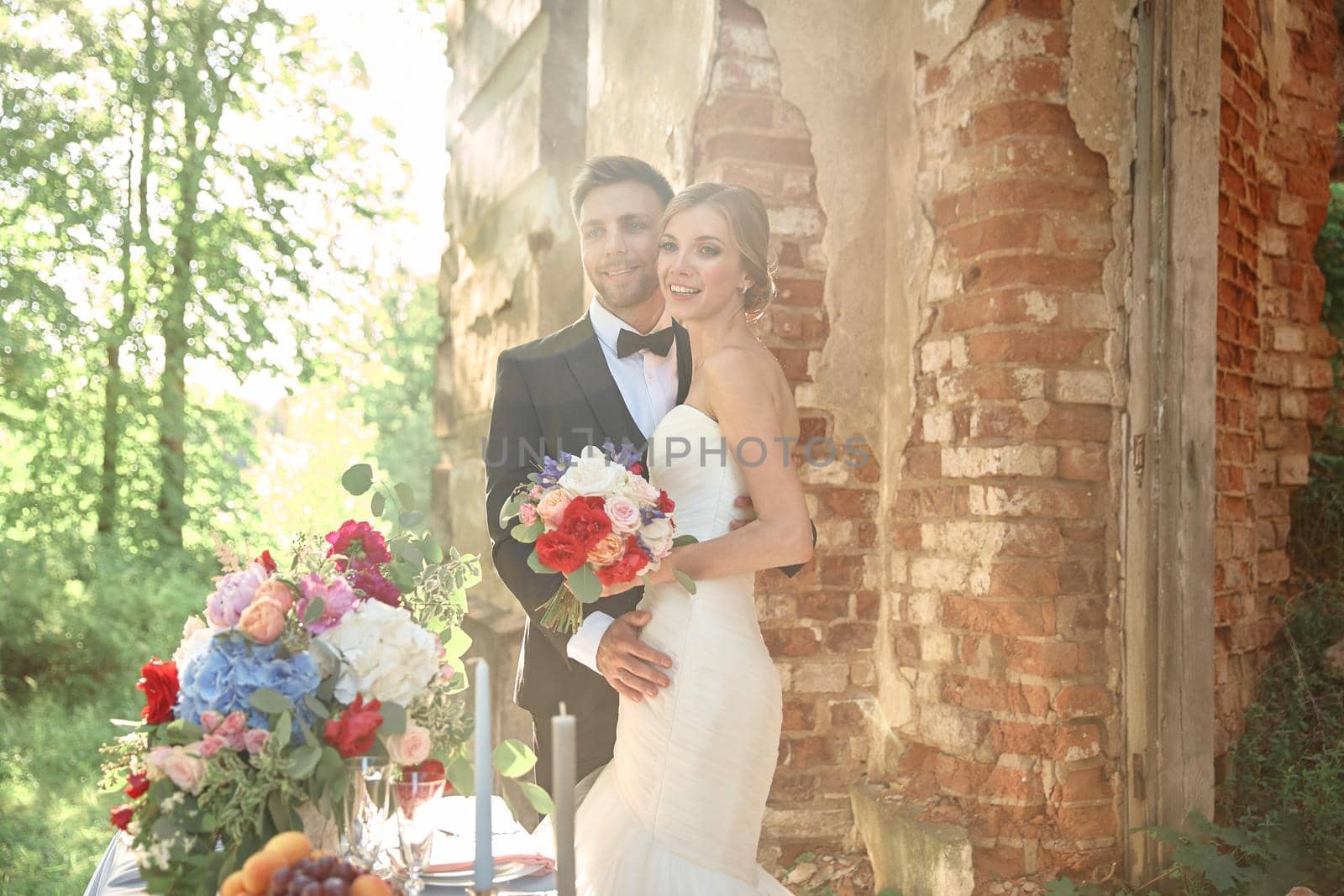 beautiful couple of newlyweds on a walk in the Park. photo with copy space