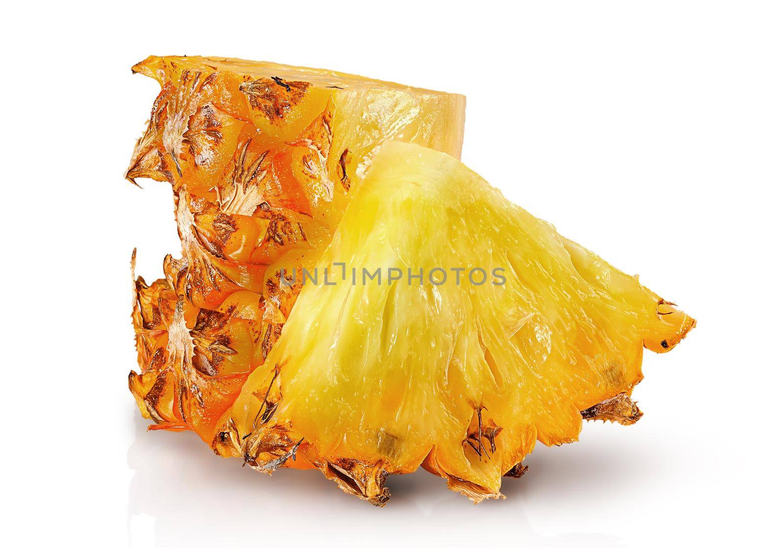 Several slices of pineapple in stack and one near isolated on white background