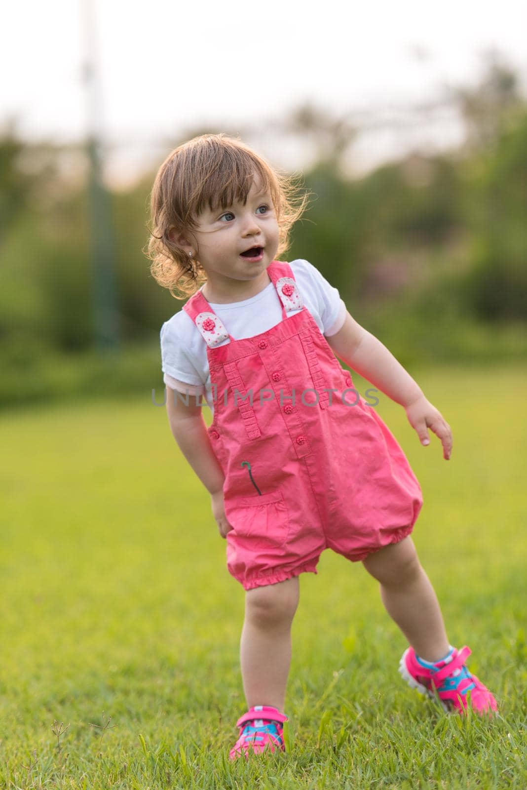 playful cute little girl cheerfully spending time while running in the spacious backyard on the grass