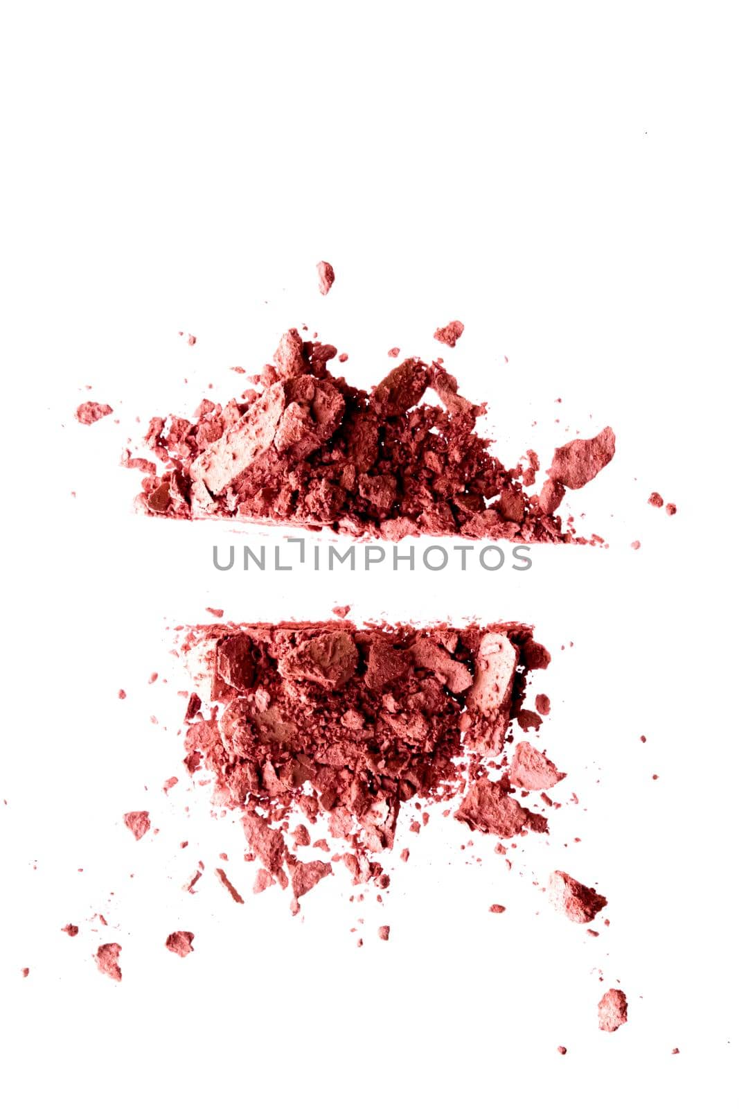 Powder cosmetics, mineral organic eyeshadow, blush or crushed cosmetic product isolated on white background, makeup and beauty banner, flatlay design.