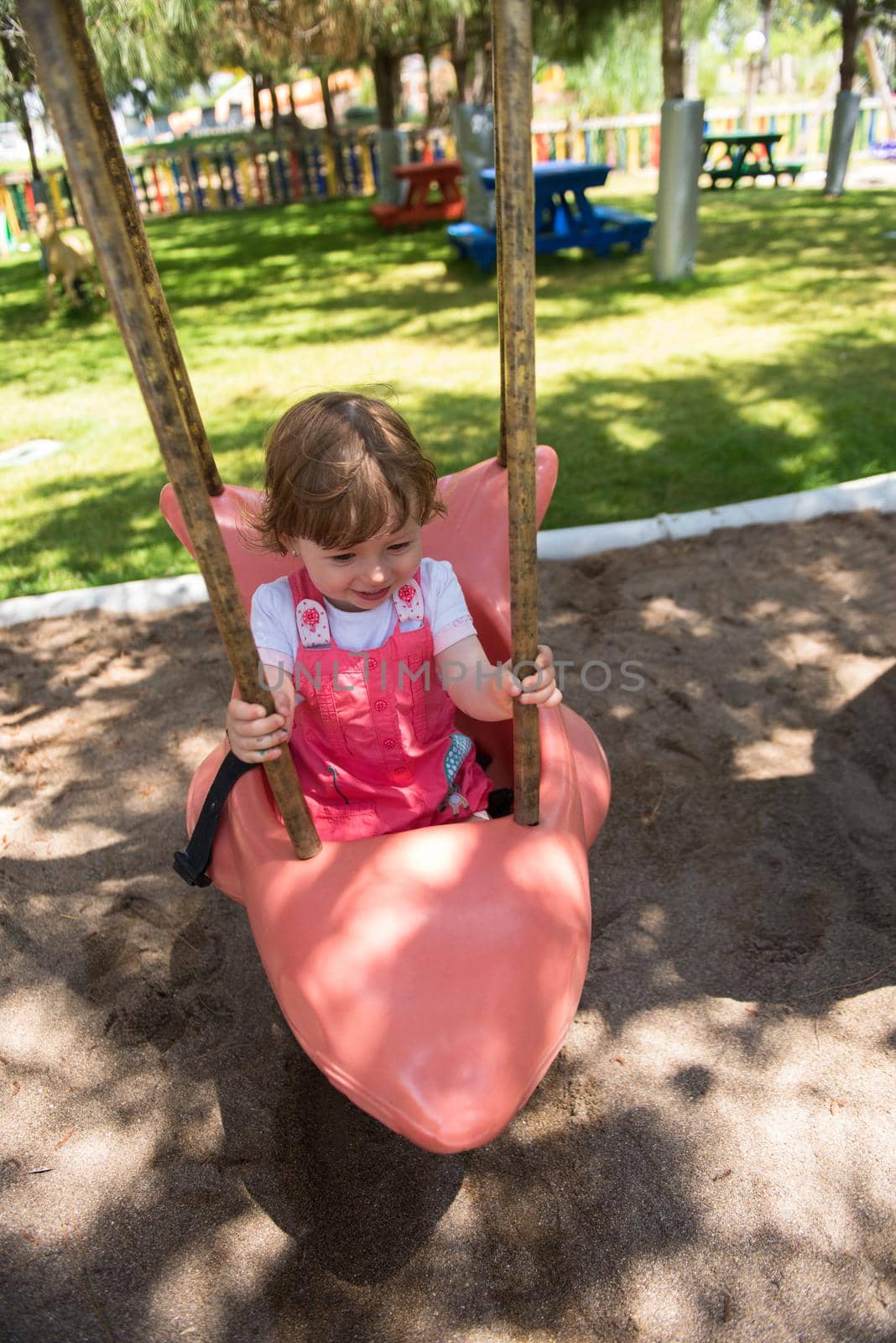 cheerful smiling cute little girl having fun while swinging  on a playground  in the park