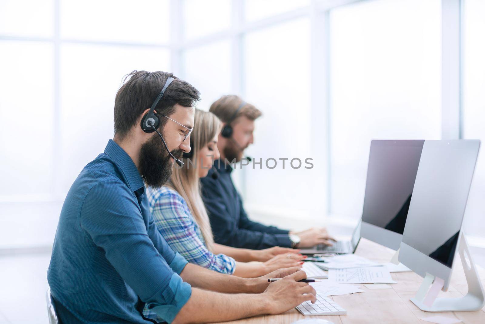 close up. call center staff at the workplace in the office