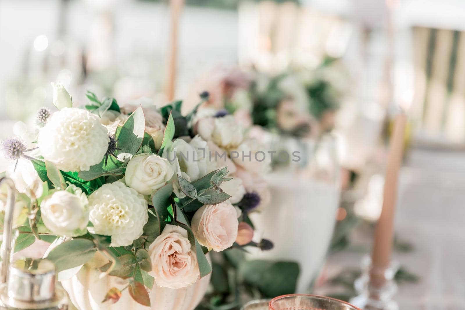close up. beautiful bouquet on the wedding table. holidays and traditions